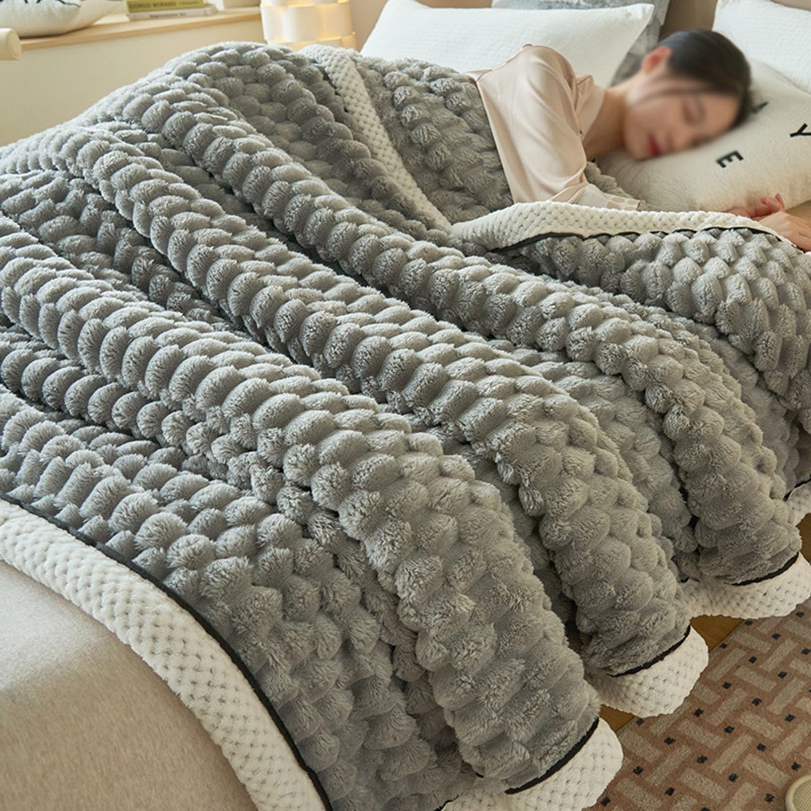 Mirjai Grey Flannel Warm Thick Blanket, Soft Fluffy Coral Fleece Reversible Throw Blanket, Cozy Winter Blanket, 150*200Cm