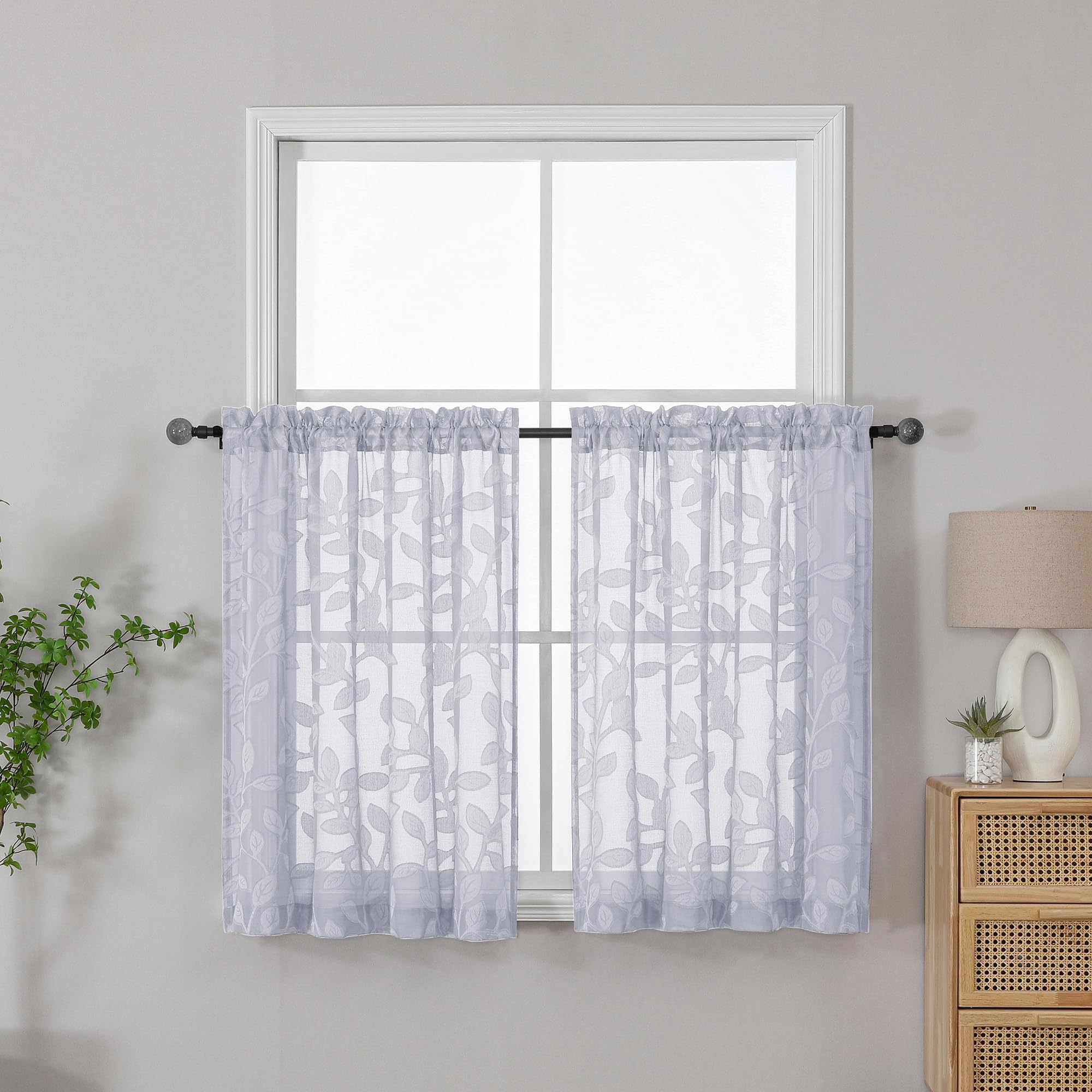 OVZME Light Grey Sheer Kitchen Curtains 42 X 36 Inch Length 2 Panels, Semi Sheer Drapes Light Filtering Bathroom Window Curtains, Jacquard Clip Leaf Pattern Short Drapes for Small Window Tiers โ image 1