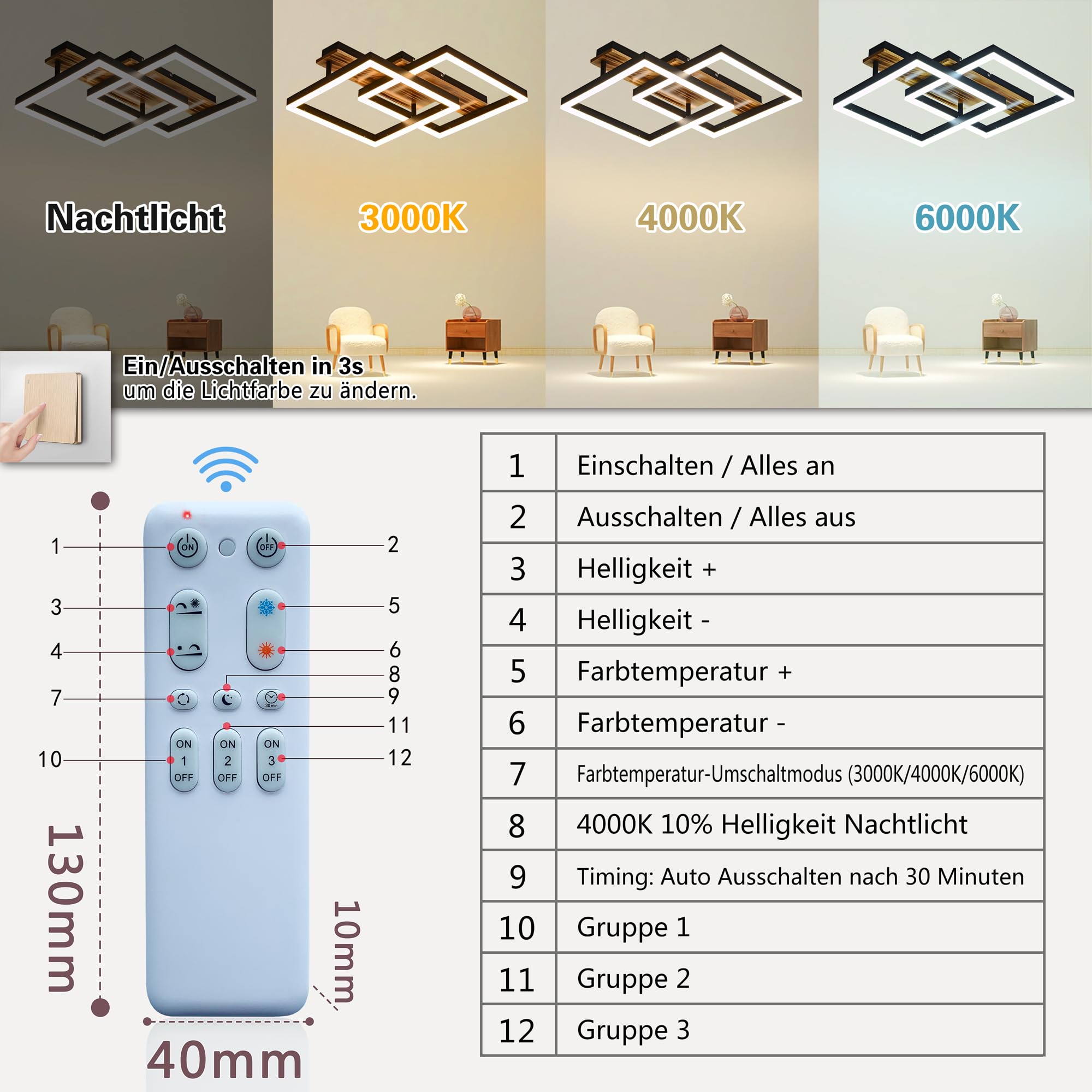 LED Deckenleuchte Holz dimmbar, Massivholz schwarz Rahmen Vintage Deckenlampe mit Fernbedienung, 40W 47cm 4000lm 3000-6000K, Schlafzimmerlampe, Wohnzimmerlampe, Memory Funktion 4W Nachtlicht
