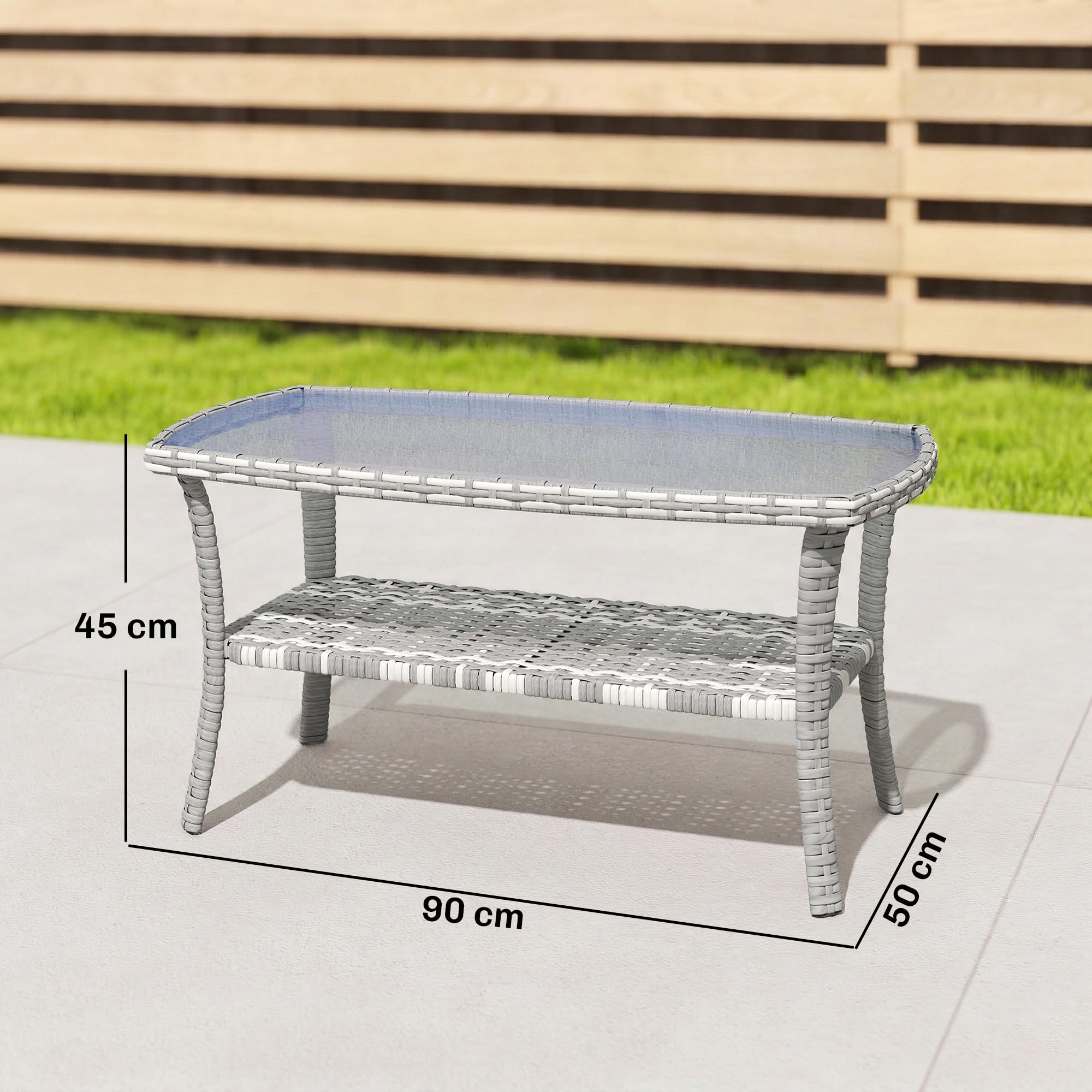 Outsunny Tavolo da giardino esterno in rattan con mensola, tavolino rettangolare da giardino, piano in vetro temperato con onde, struttura in acciaio, per terrazza, patio, 90 x 50 x 45 cm, grigio