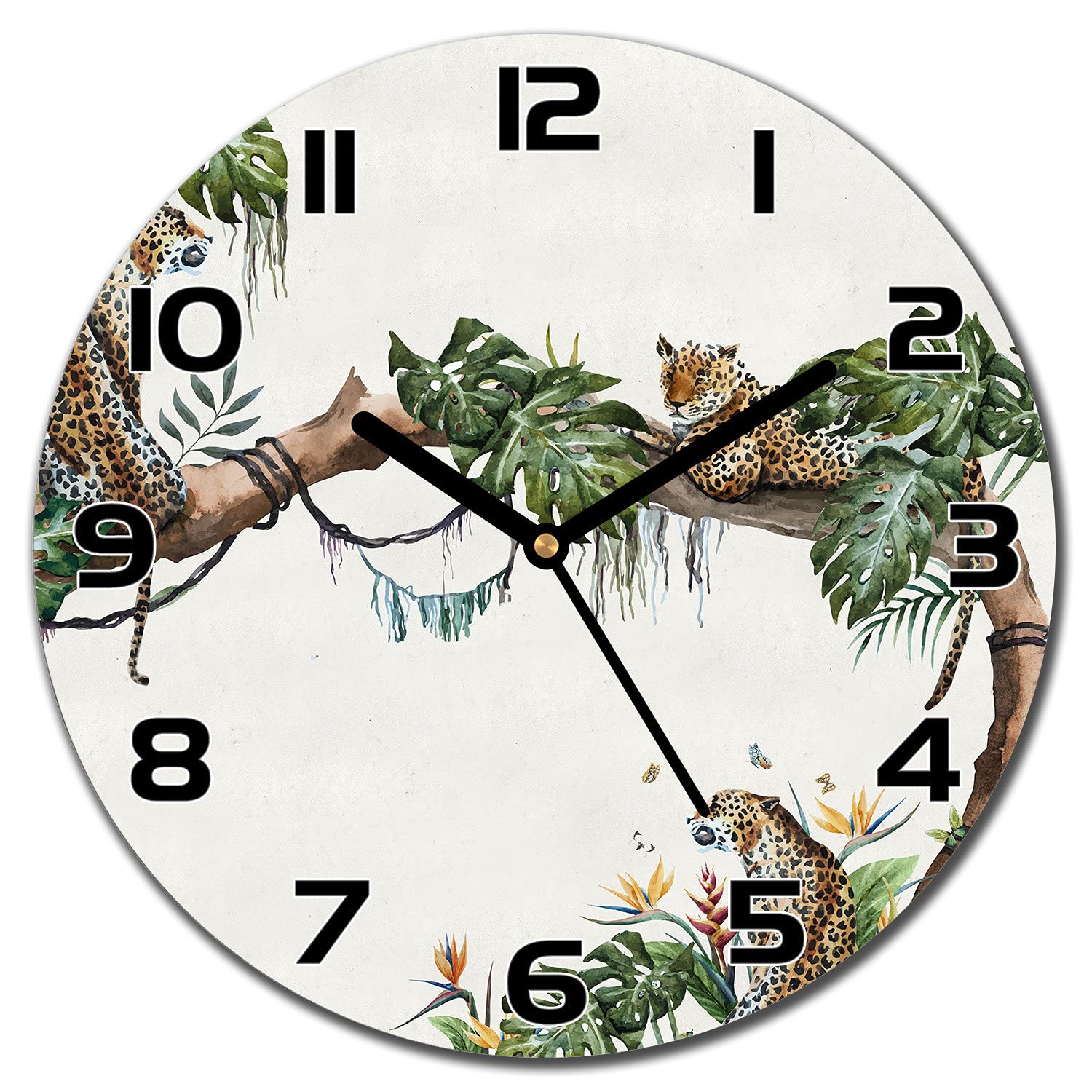 Horloge en verre moderne 30 cm de cuisine au motif guépards floraux