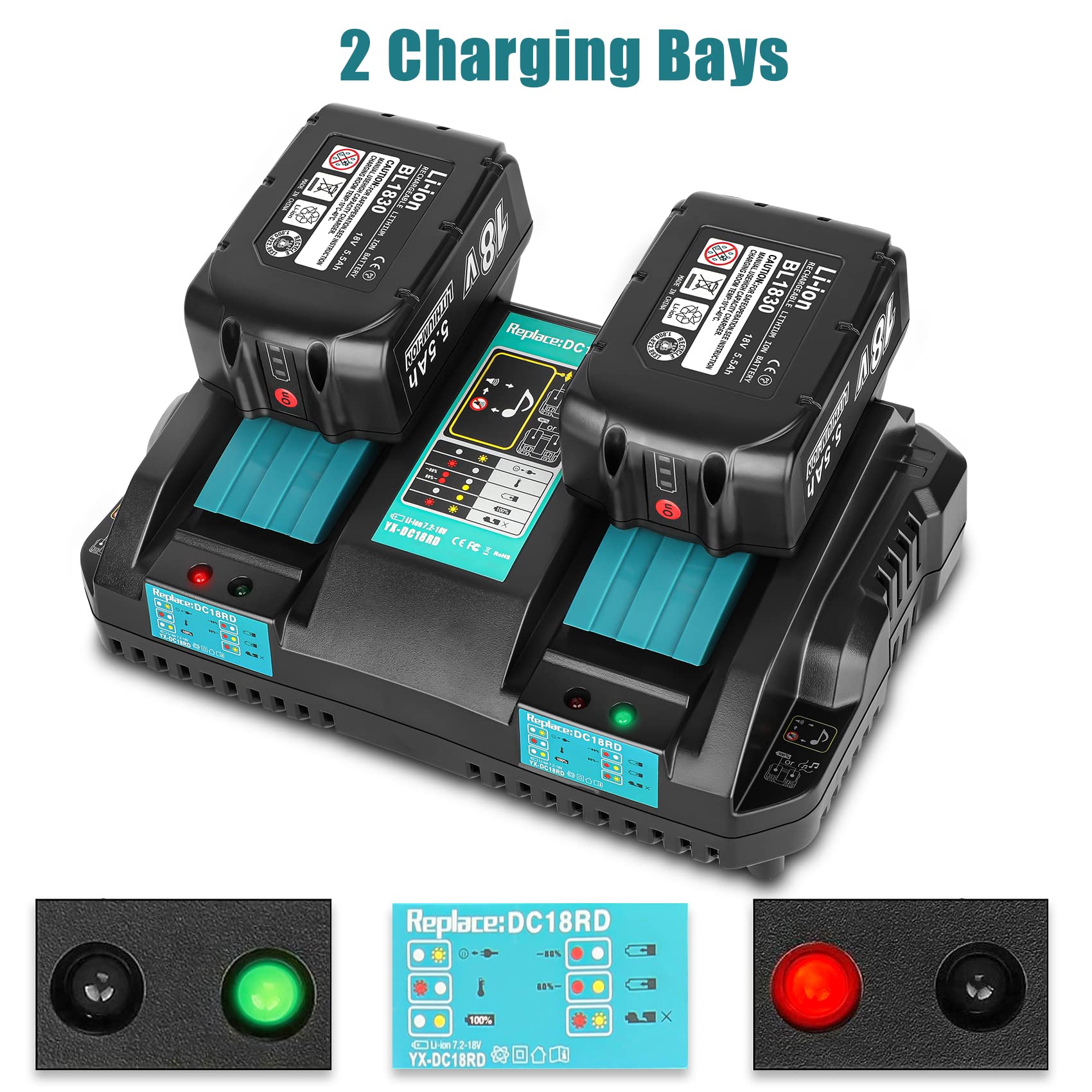 2 sztuki 5,5 Ah akumulator zastępczy do Makita akumulator 18 V i ładowarka DC18RD 14,4 V ~ 18 V 4 A podwójny port akumulator litowo-jonowy zamiennik BL1860B BL1850B BL1860 BL1850 BL1840 | Wysoka pojemność 5,5 Ah, BL1860B BL1850B akumulator litowo-jonowy,