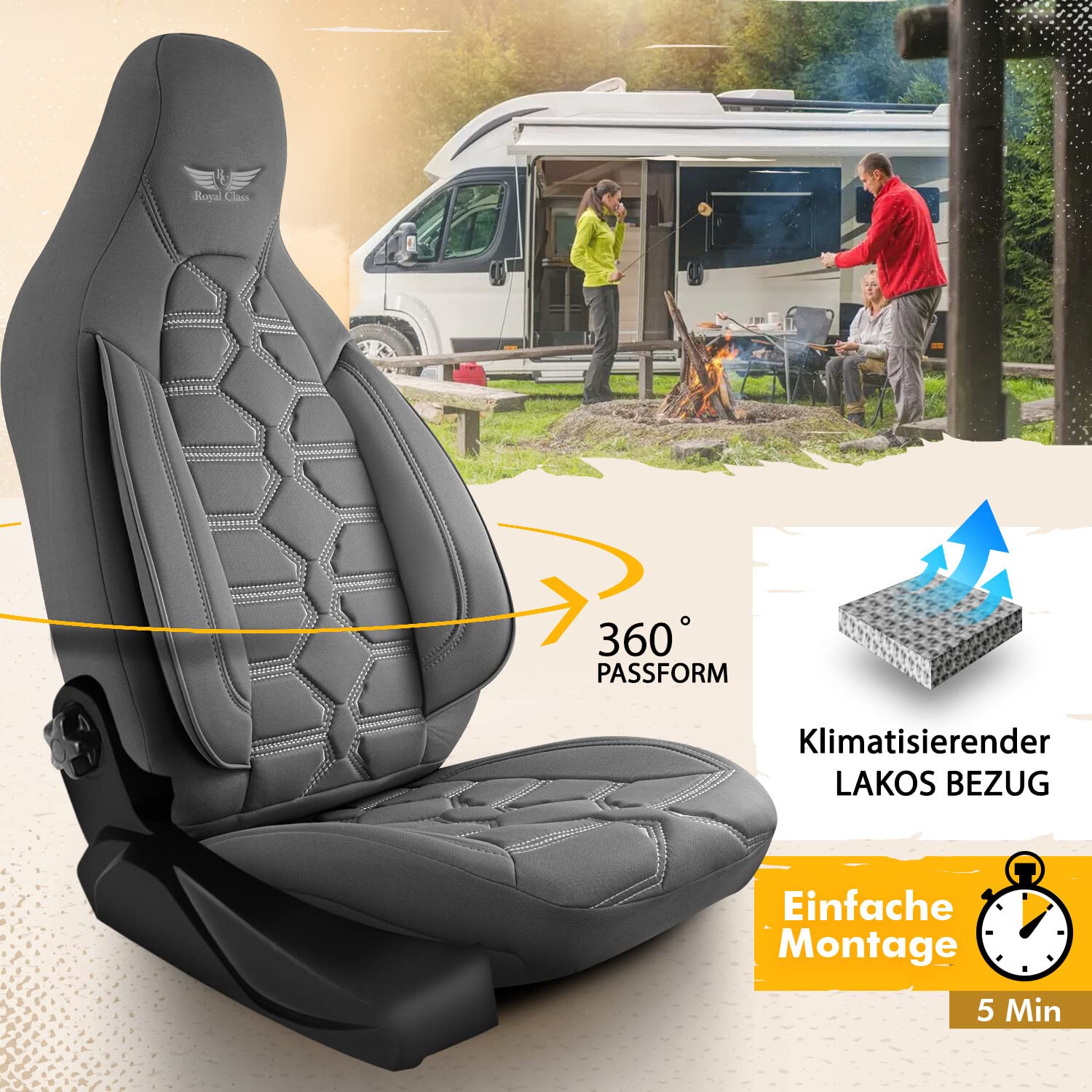 RC Royal Class Auto Sitzbezüge für Pilot Vordersitze Fahrer und Beifahrer kompatibel für Sunlight Wohnmobil Caravan in Grau Pilot 2.4 das Sitzbezugsset Auto Zubehör Innenraum