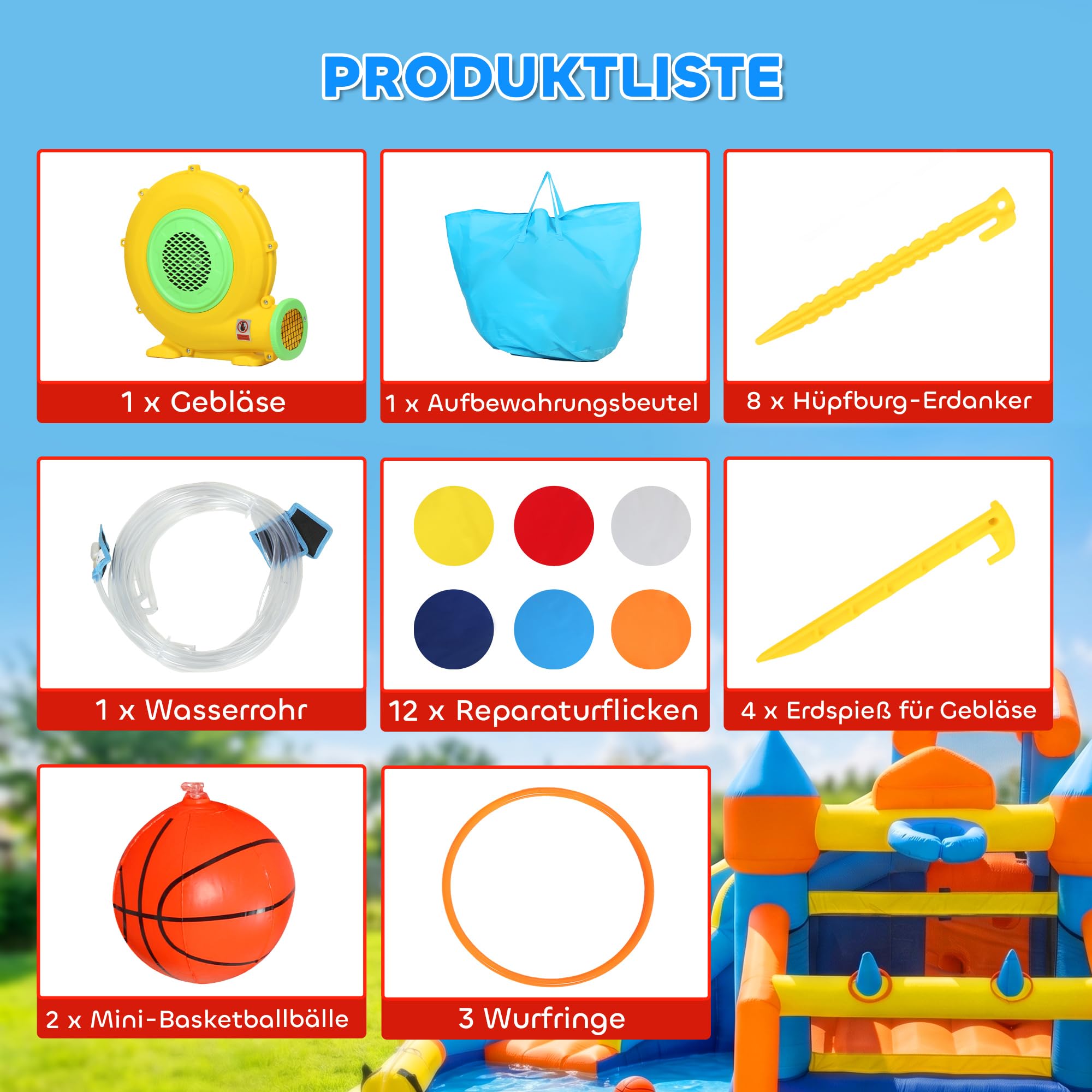 AIYAPLAY Hüpfburg mit Gebläse 8-in-1 aufblasbare Wasserpark mit Wasserrutsche Planschbecken Trampolin Kletterwand Basketballkorb Springburg für 4 Kinder von 3–8 Jahren für Indoor Outdoor 350x325x210cm