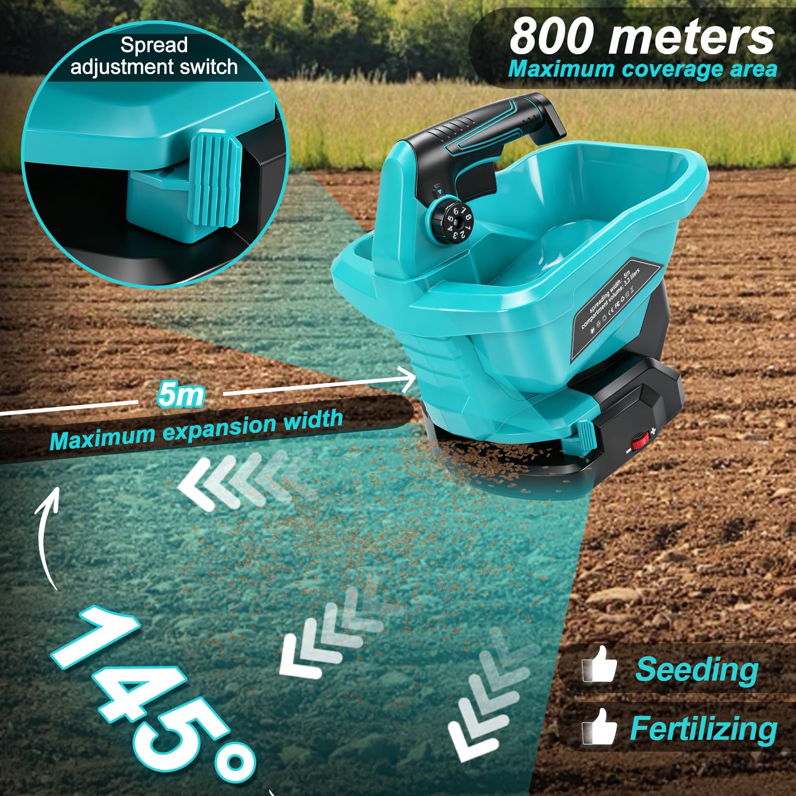 Düngerstreuer für Makita 18V Lithium-Akku, Tragbar Handstreuer mit 6-stufige Drehzahlregulierung, 3,8 L, deckt bis zu 8.000 sq. ft. ab (ohne Akku)