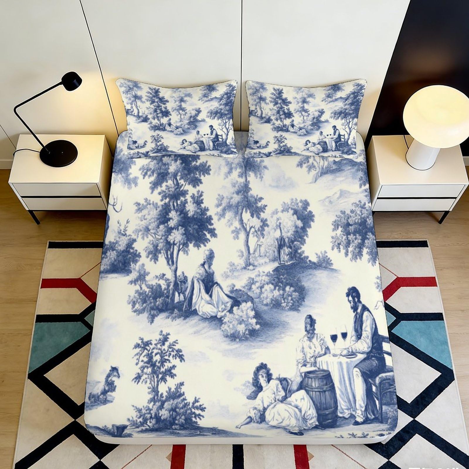 3D Printed Vintage Pastoral Fitted Sheet Microfiber Soft Blue Toile Mattress Cover for Bedroom Guest Room Decor 90x200x25cm