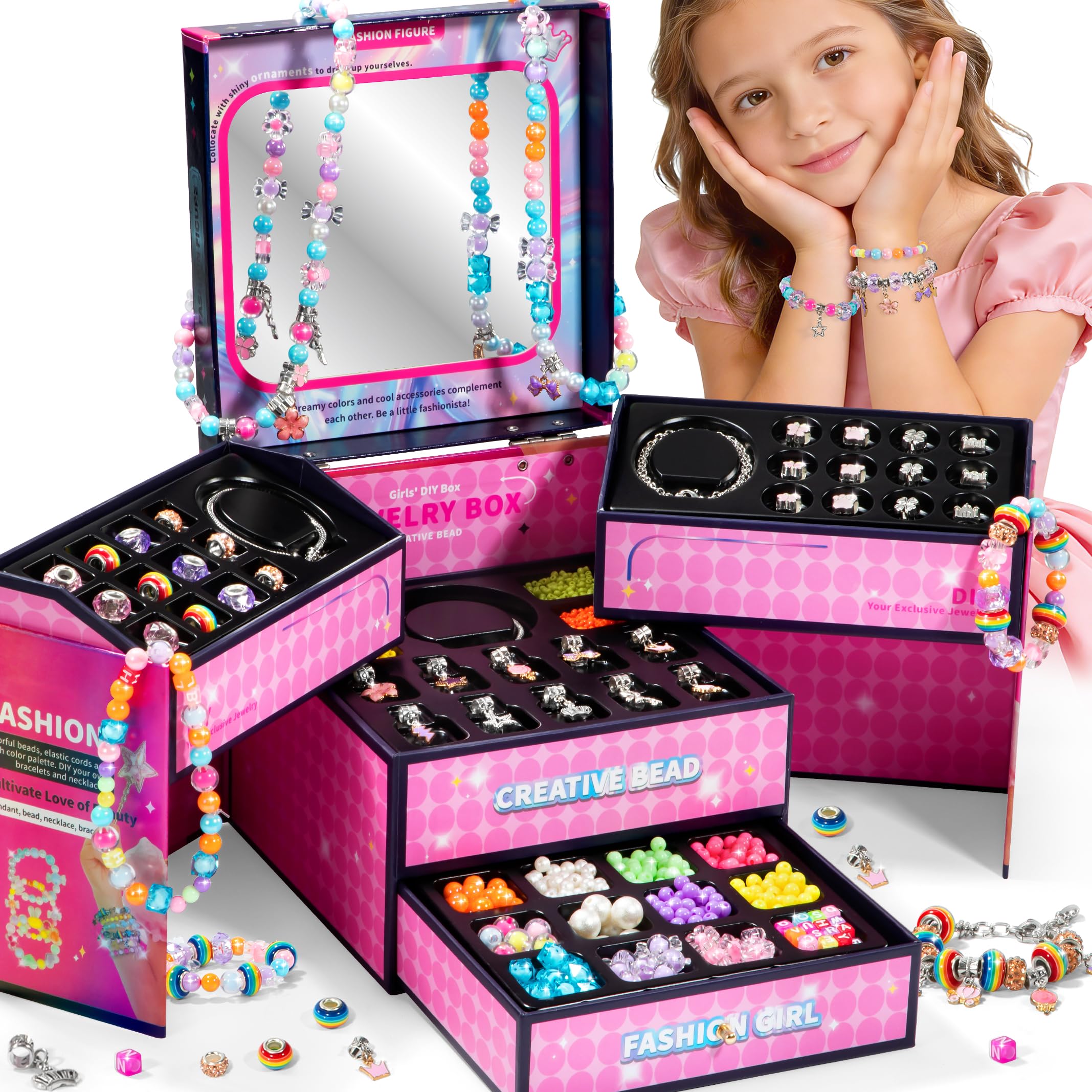 WOANZZ Charm Bracelet Making Kit, DIY Jewelry Making Kits for Girls 8-12, Jewelry Box with Beads Necklace Kit Crafts for 6 7 8 10 11 12 Year Old Girl, Pink