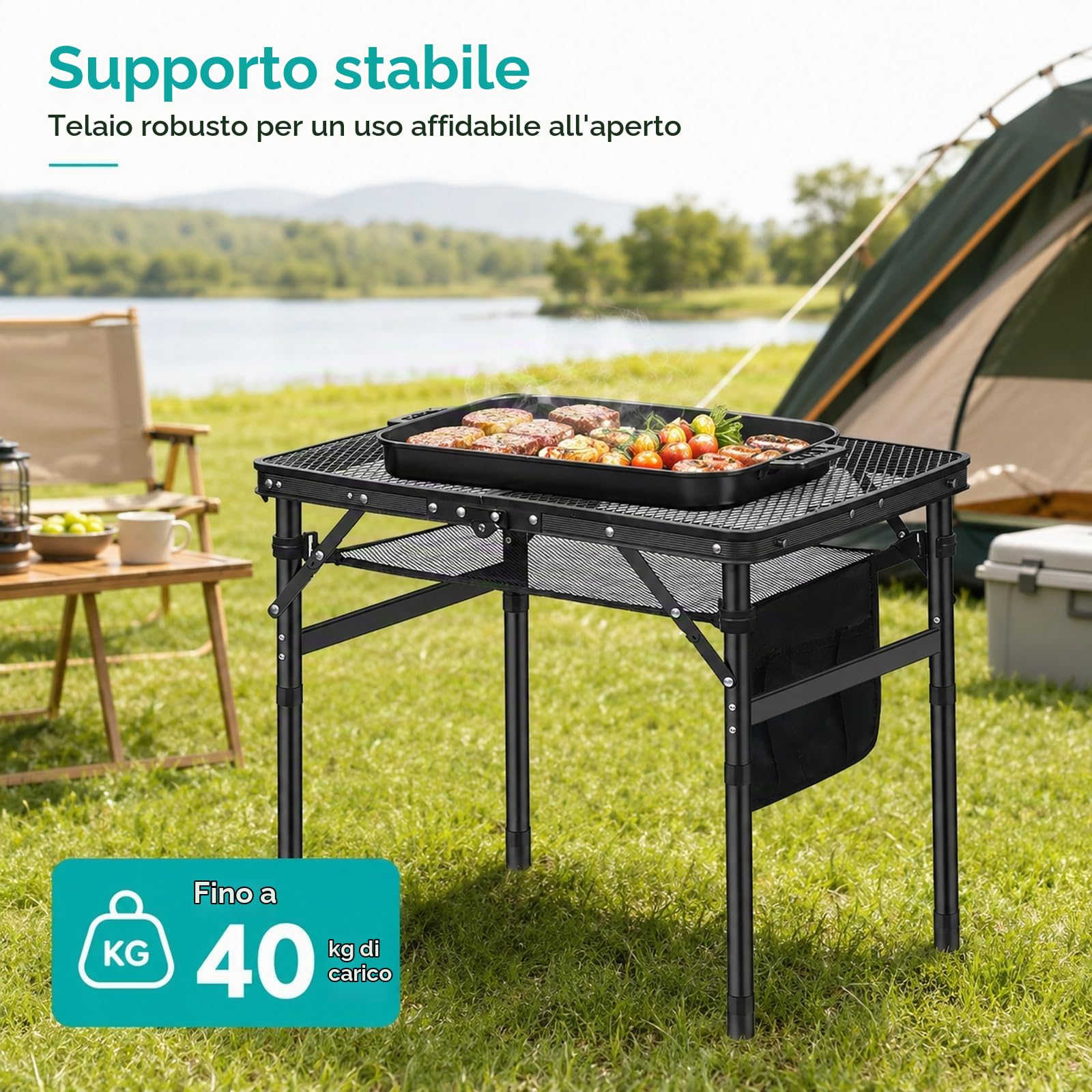 GOOGO Tavolo grill pieghevole da esterno, 60 x 40 x 56 cm, tavolo da campeggio con gambe rialzate e piano a griglia, per BBQ, balcone, picnic e bancarella (nero)