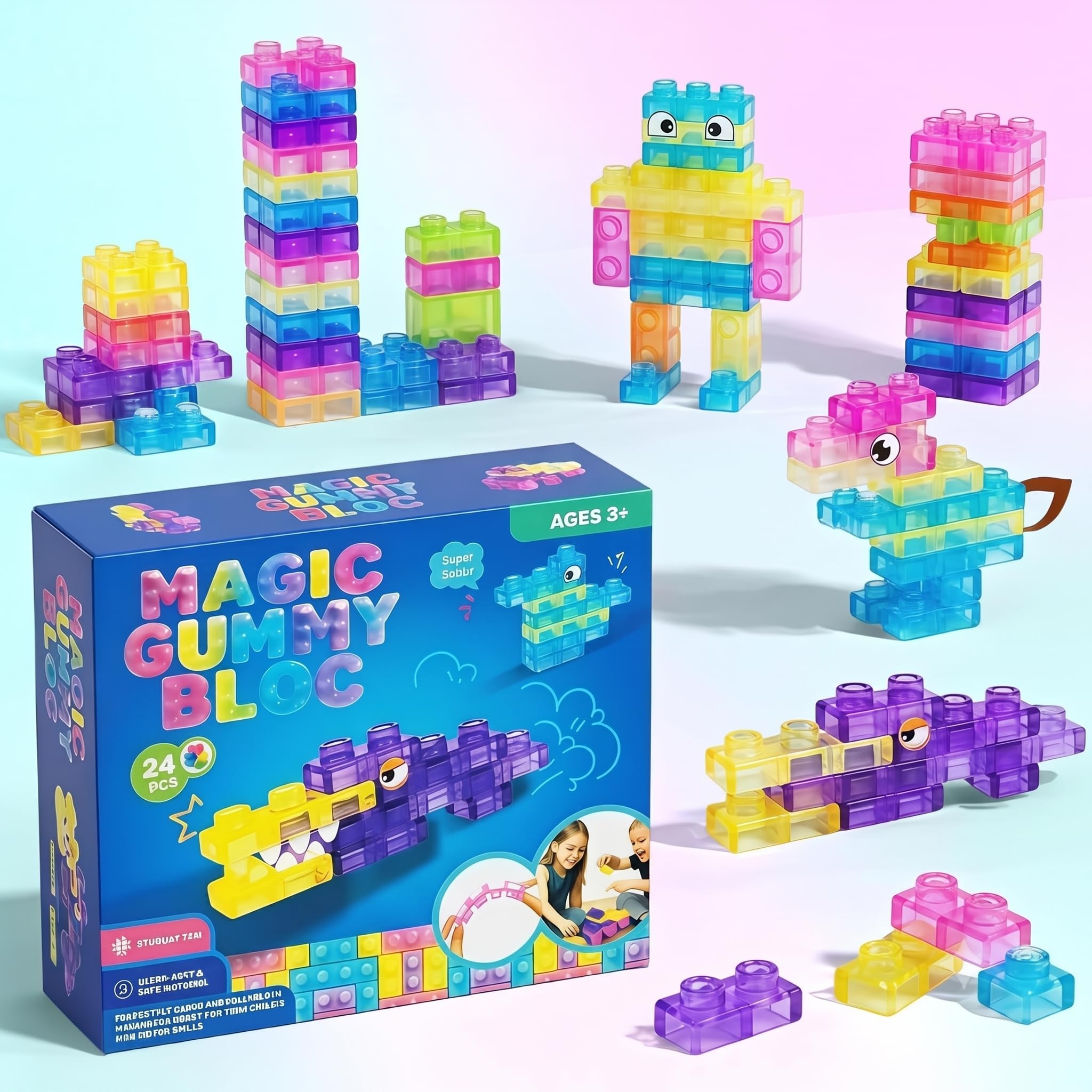Sensory Soft Magic Gummy Building Blocks Squishy Stacking Toy Set 24 PCS- | Squeezable & Stretchable, Montessori Learning, Creative Play, Puzzle Blocks, For Toddlers & Kids-image-42