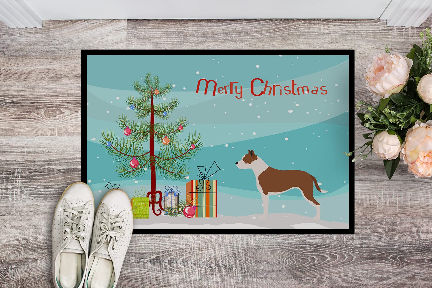 Caroline's Treasures BB8487JMAT Pit Bull Terrier Christmas Doormat 24x36 Front Door Mat Indoor Outdoor Rugs for Entryway, Non Slip Washable Low Pile, 24H X 36W