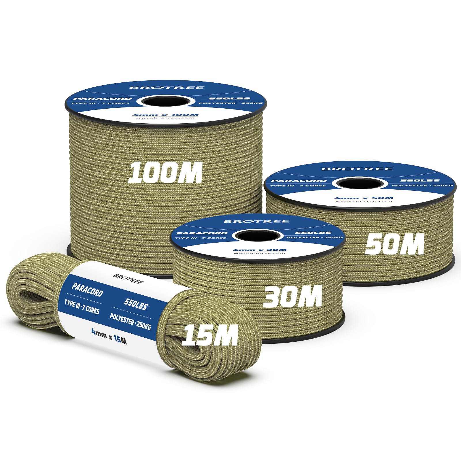Brotree 550 Paracord 4mm 15m Rope Type III 7 Strands 100% Polyester Parachute Cord for Crafting, Camping, Outdoor, Survival - Holy Guacamole