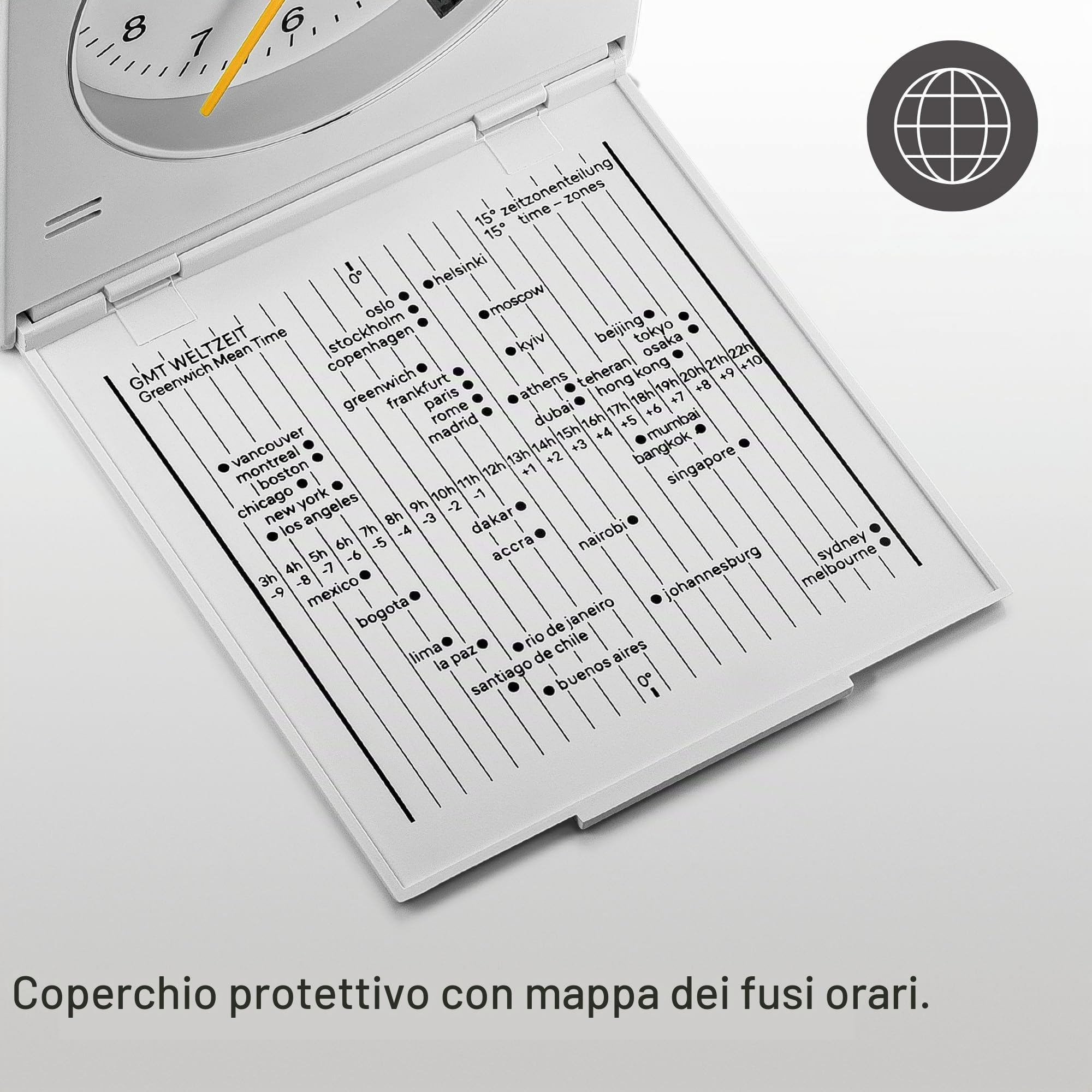 Braun classica sveglia analogica da viaggio con funzione snooze, design vintage, dimensioni compatte, coperchio pieghevole, movimento al quarzo silenzioso, sveglia crescendo in bianco, modello BC05W.