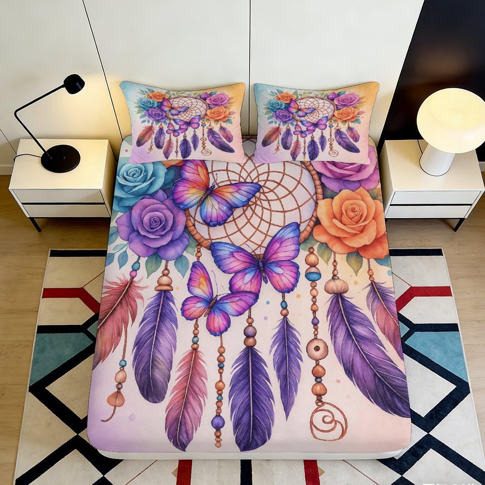 3D Printed Dreamcatcher Butterfly Fitted Sheet Microfiber Soft Vibrant Floral Mattress Cover for Bedroom Dorm Decor 90x200x25cm
