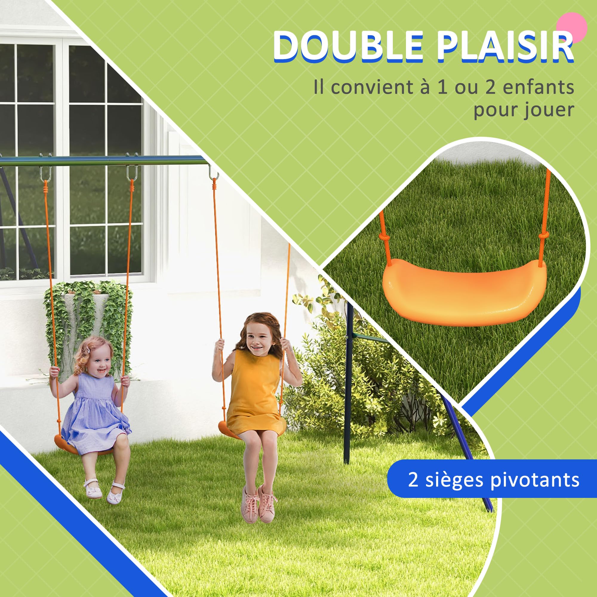 Outsunny Balançoire Portique pour Enfant 2 Sièges 90 kg 3-8 Ans Multicolore | Structure en Métal, pour Jardin, Parc, pour Garçon Fille