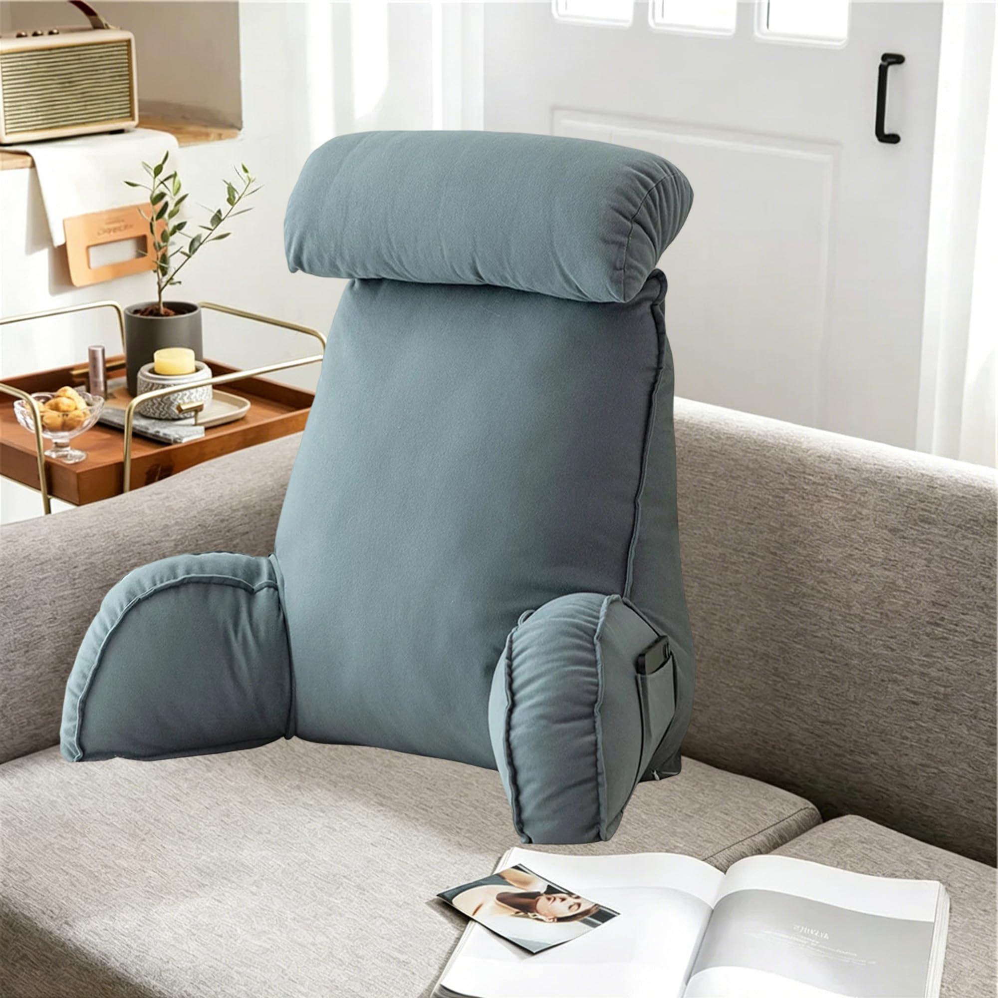 Hruile Blue Large Backrest Pillow For Bed, Reading Pillow For Sitting In Couch Adult, Back Lumbar Support Cushion, Cuddle Cushion With Detachable Neck Roll & Support Arm (75×40×55Cm,)