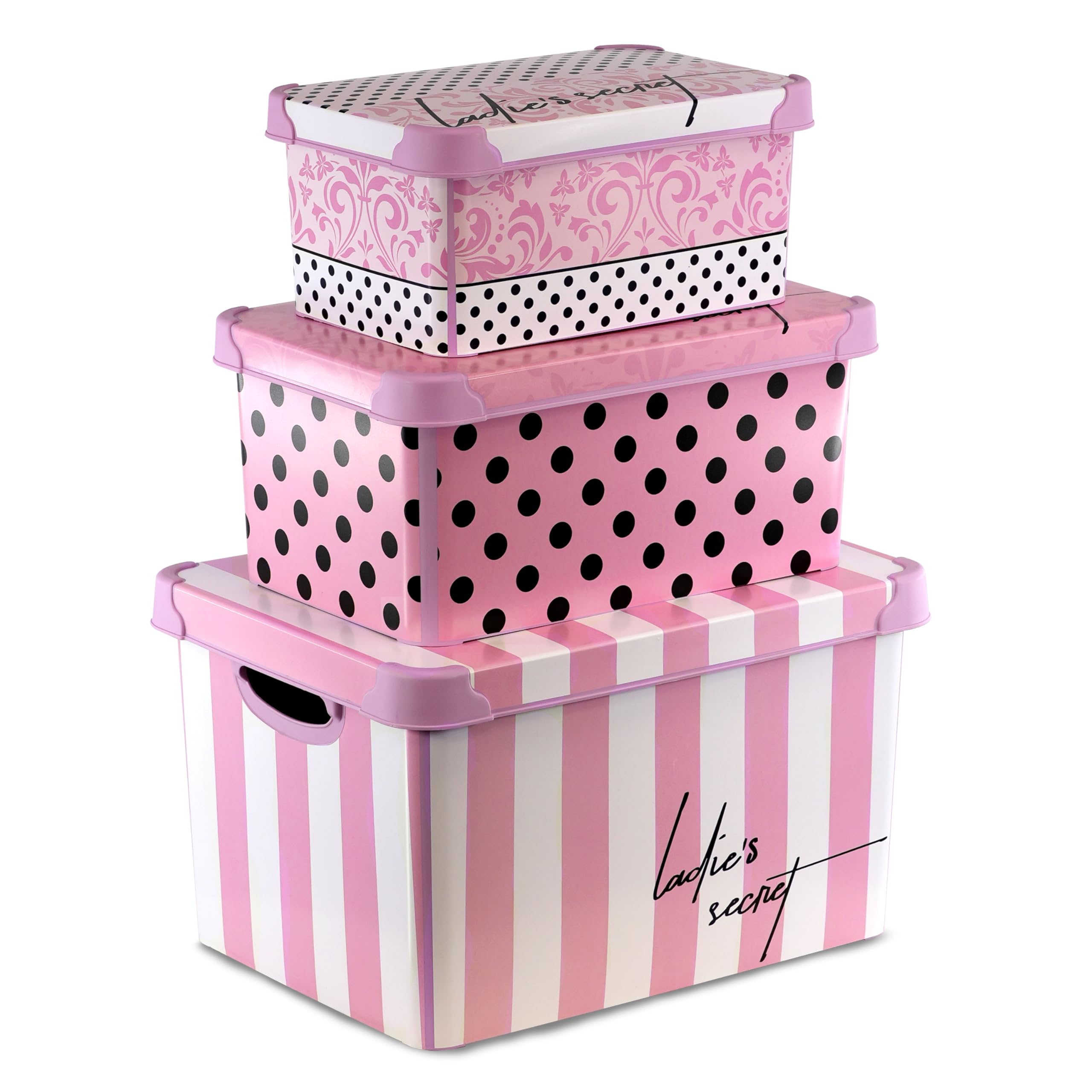 Geezy Decorative Storage Boxes With Lids Set Of 3 Plastic Stackable Containers Pink