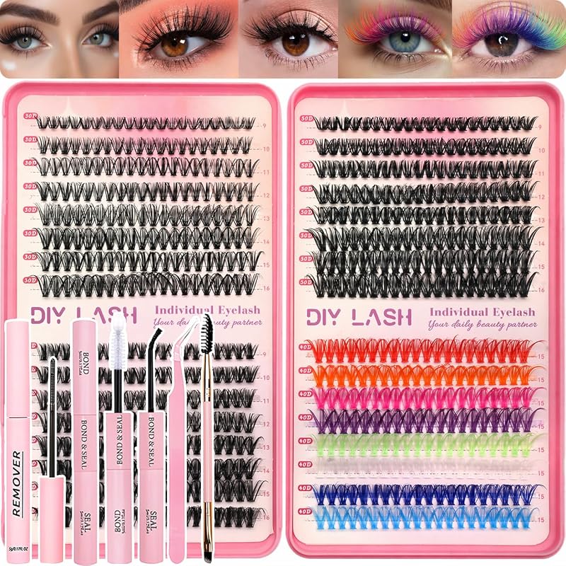 Kit de cílios em tufos OLLAVO com 640 unidades, curvatura D, 9–16 mm, 30D, 40D e 50D, com adesivo, selante, removedor, pinça e escova