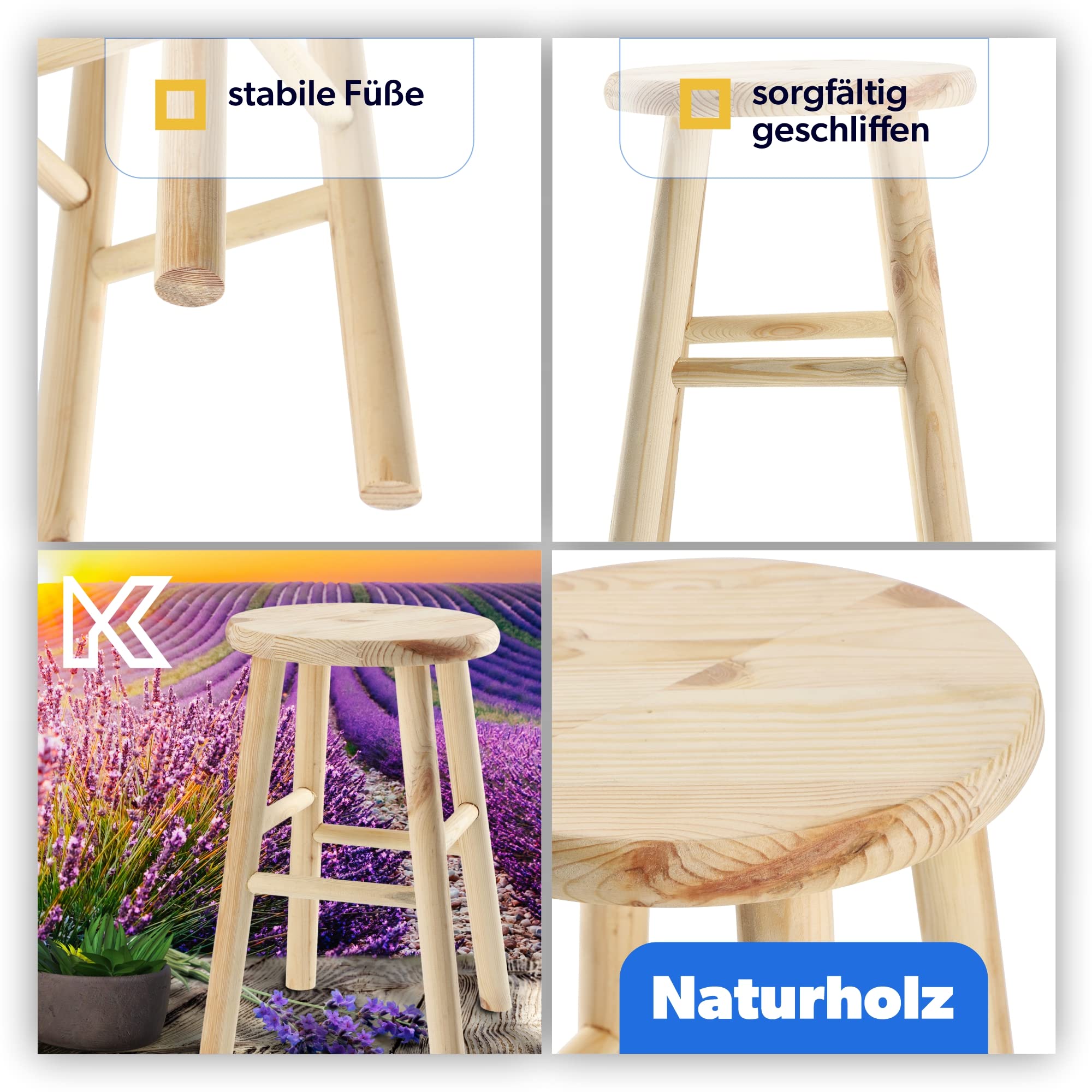 KADAX Tabouret en Bois de Pin Naturel, Élégante Chaise pour Ajouter Une Touche de Charme Rustique à Votre Décoration Intérieure (Rond)