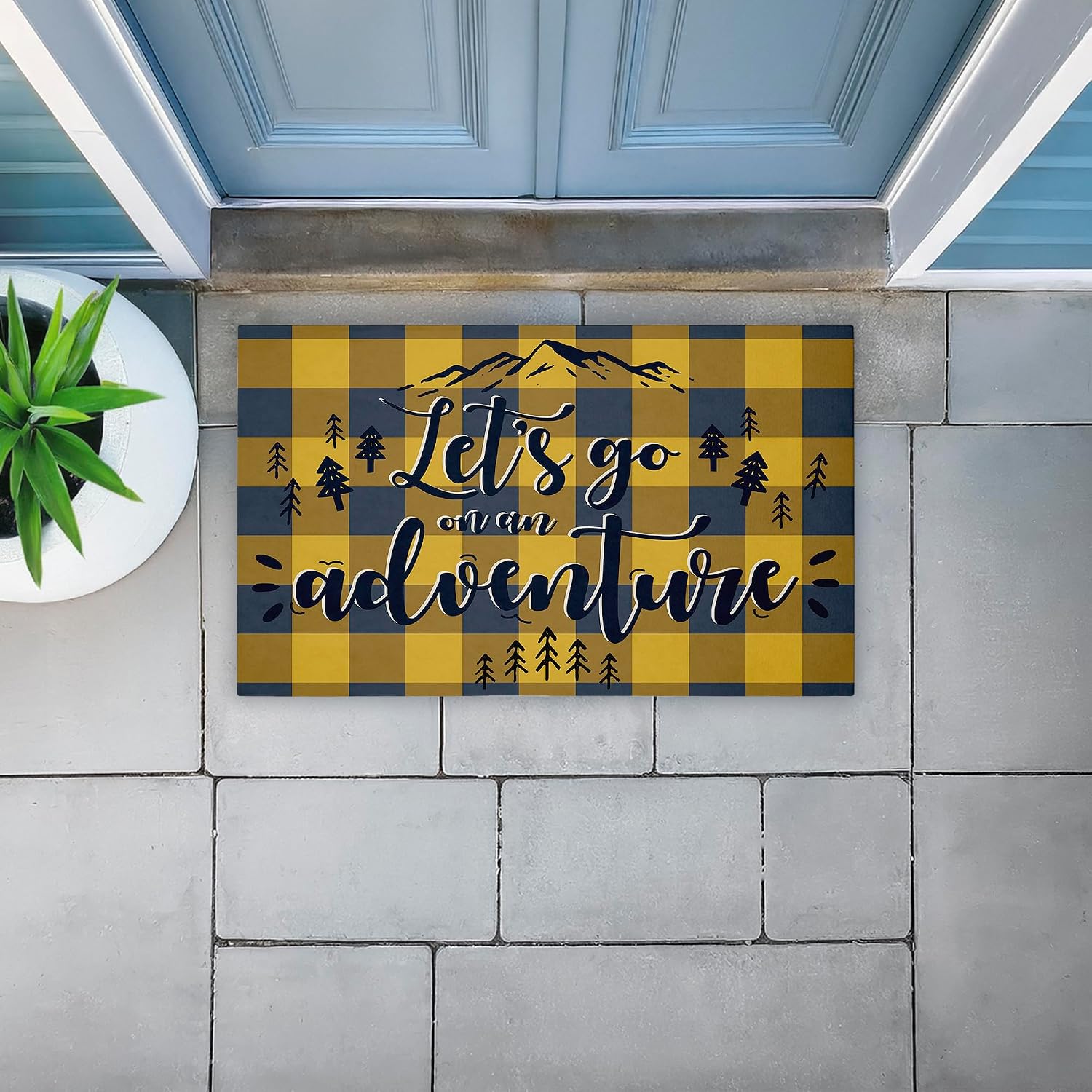Stupell Industries Let's Go Adventure Yellow Plaid Outdoor Door Mat, Durable Non-Slip Unwoven Mat with Recycled Rubber Backing, Weather-Resistant Adventure Plaid Design by Angela Nickeas, 18"x30"