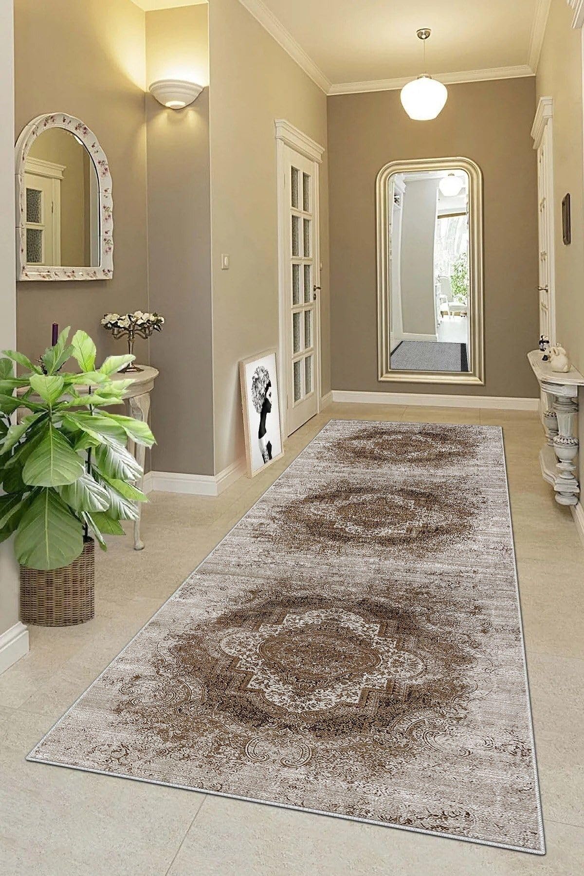 Pelangi Osmanlı Motifler Desenli Etnik Dijital Baskı Yıkanabilir Kaymaz Taban Eskitme Salon Halısı (Gri), Gri 80 x 400, 955568412804007