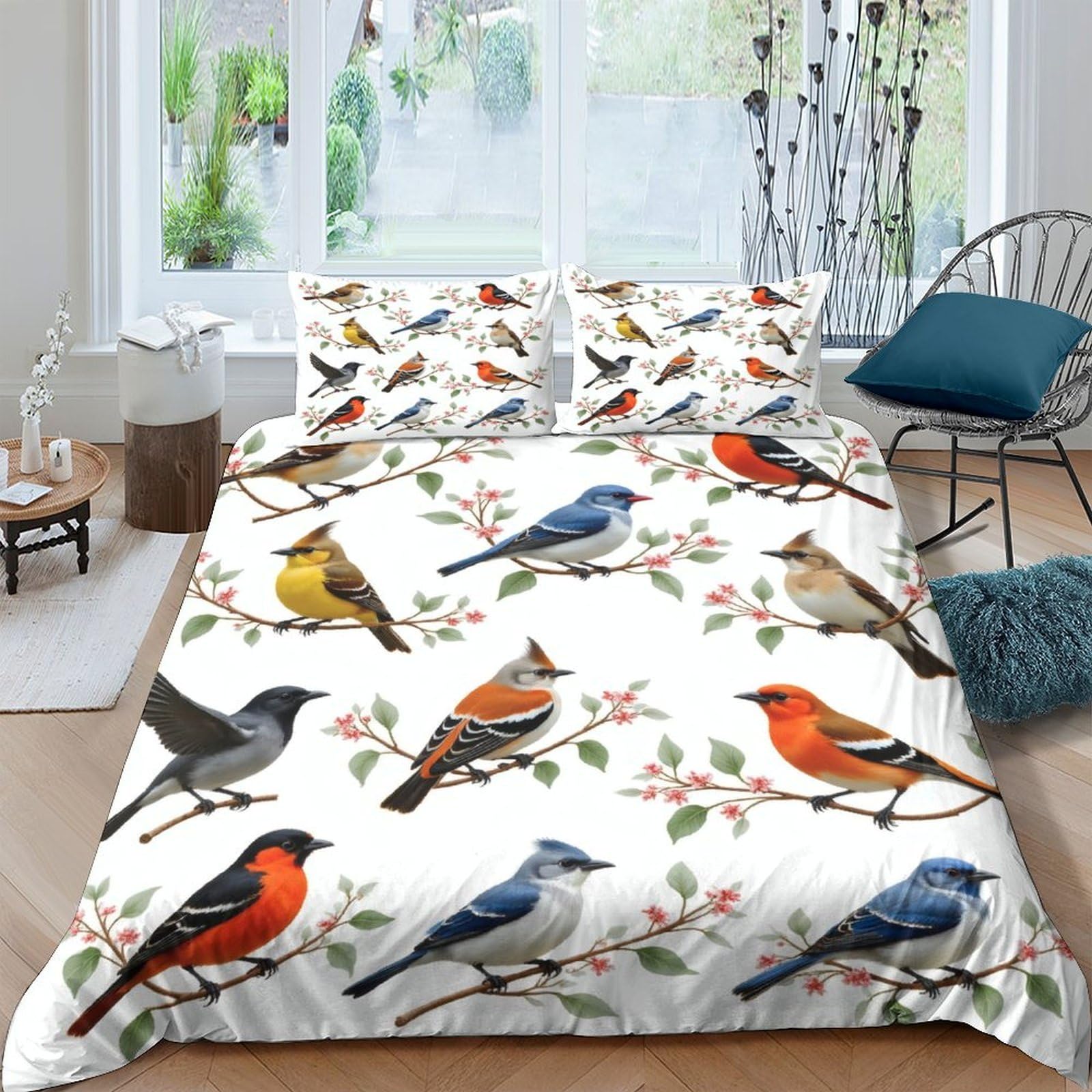 Ctjqhvkz Style-4 3D Printed Colorful Songbird Fitted Sheet Microfiber Soft Breathable Garden Birds Mattress Cover Bedroom Decor Single（135X200cm）