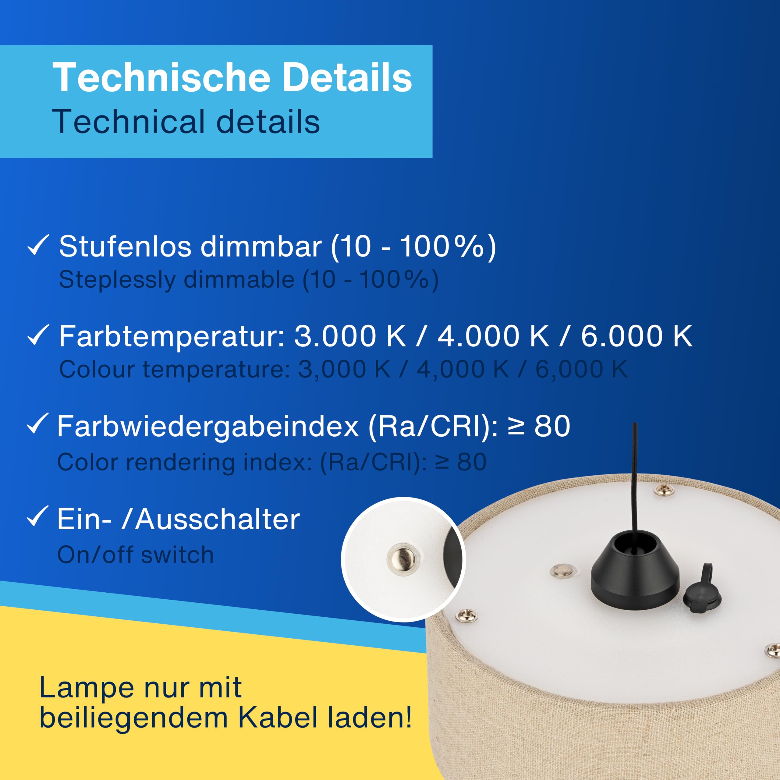 REV Pendelleuchte Akku - 120lm dimmbar 3 Farben, Timer 1-4h, höhenverstellbar (18-123cm), Hängeleuchte Wohnzimmer, Fernbedienung, Stoffschirm, taupe
