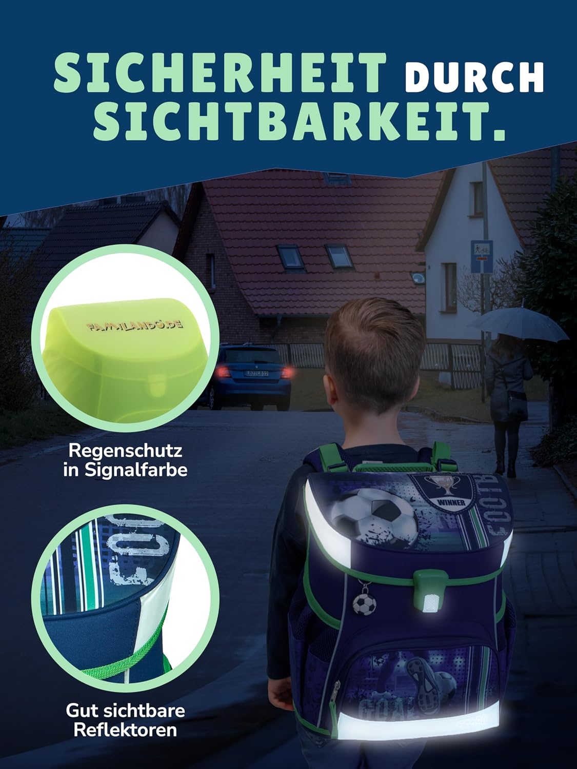 Familando - Scooli Campus Fit Schulranzen Set - 9-teilig mit Sporttasche - Fußball Motiv Blau - Ergonomisch, Stabil &amp; 980g leicht - 18L Volumen - Brustgurt &amp; Reflektoren - Für Grundschule ab 1. Klasse