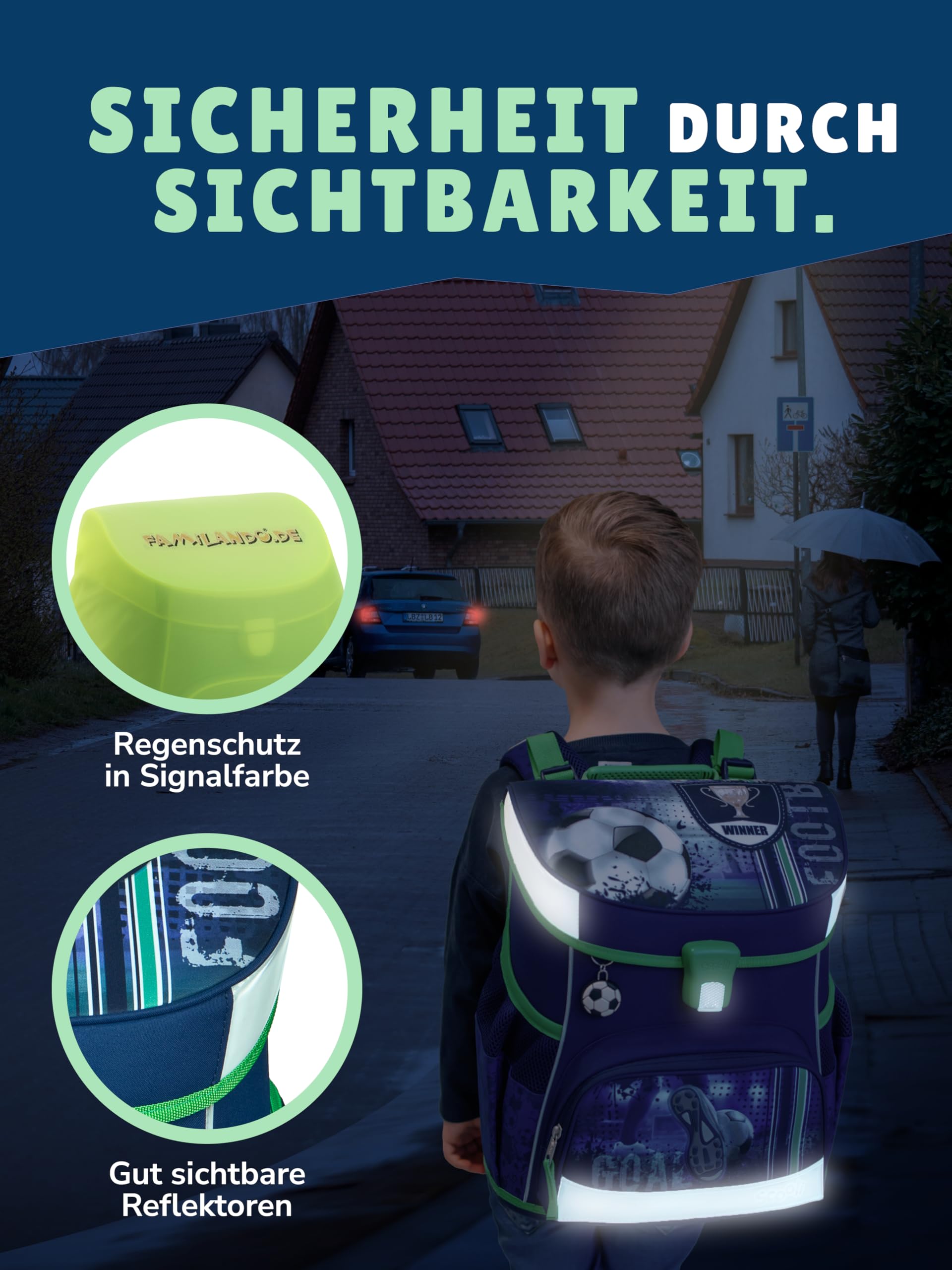 Familando - Scooli Campus Fit Schulranzen Set - 5-teilig mit Federmappe - Fußball Motiv Blau - Ergonomisch, Stabil & 980g leicht - 18L Volumen - Brustgurt & Reflektoren - Für Grundschule ab 1. Klasse