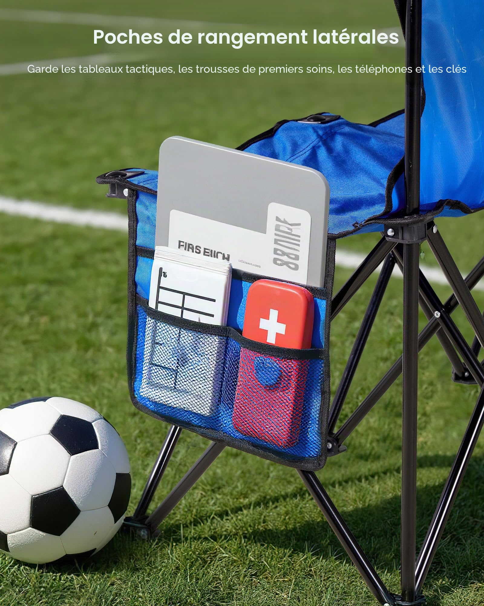 VEVOR Banc Pliant Portable à 6 Places, Banc de Camping Pliable avec Poches de Rangement et Sac de Transport, siège latéral léger avec Dossier pour Football, Baseball et événements en Plein air, Bleu