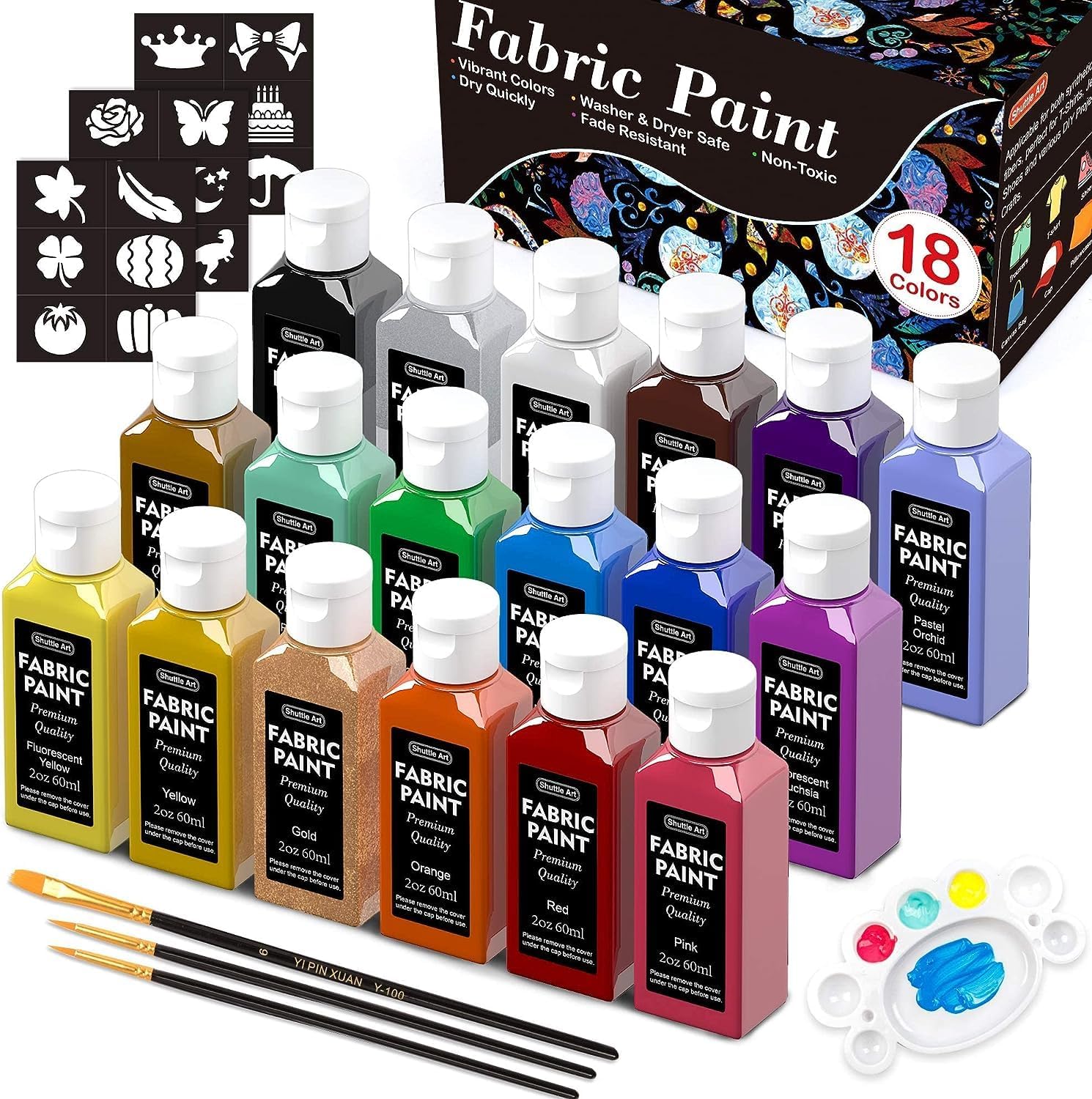 Shuttle Art Fabric Paint Permanent for Clothes, 18 Colours Fabric