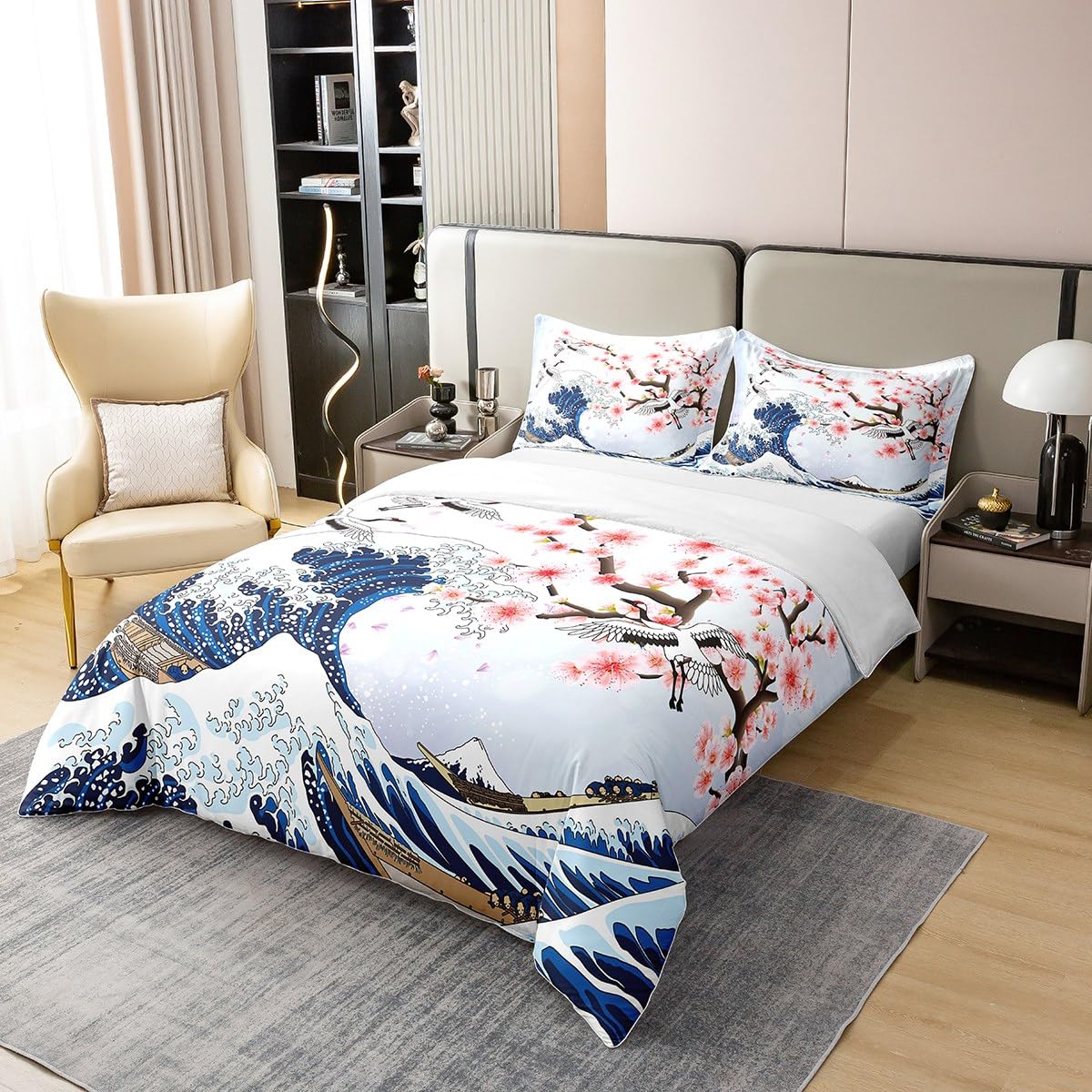 Homemissing Fleur de Cerisier Parure de lit 200x200cm 100% Coton Chic Crane Housse de Couette 100% Coton Enfants Vagues décoration Rose Ukiyo - e Japonais thème Ensemble avec 2 taies d'oreiller,