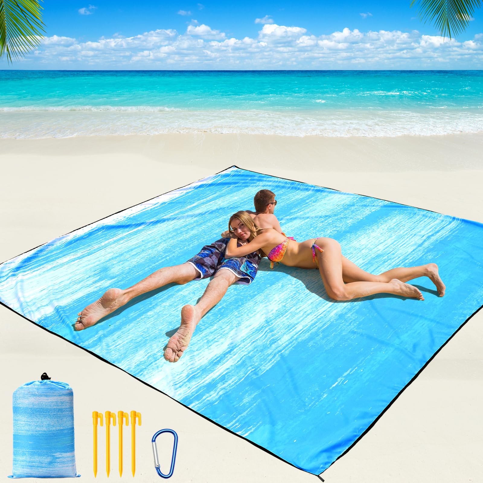 WIWIGO Beach Blanket Waterproof Sandproof Beach Mat 79" X 83"/10'x9'for 2-8 Adults Quick Drying Outdoor Picnic Mat Beach Accessories for Travel, Camping, Hiking
