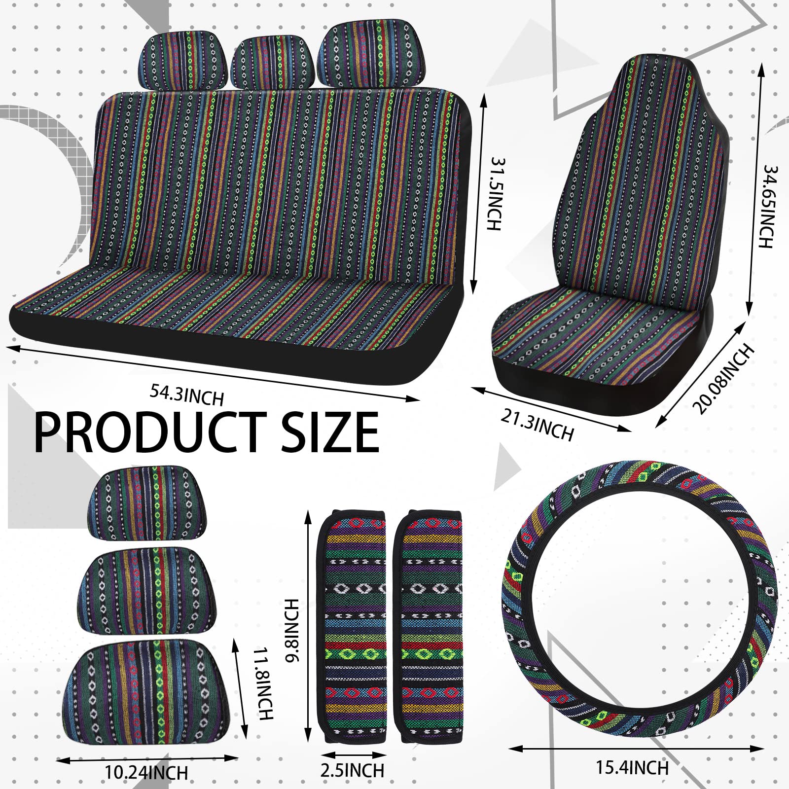 Frienda Baja - Lot Complet de 14 Housses de siège de Voiture à Rayures Multicolores - Housse de Volant - Housse de Ceinture de sécurité - Ornement à Suspendre - pour Voiture (Style élégant)