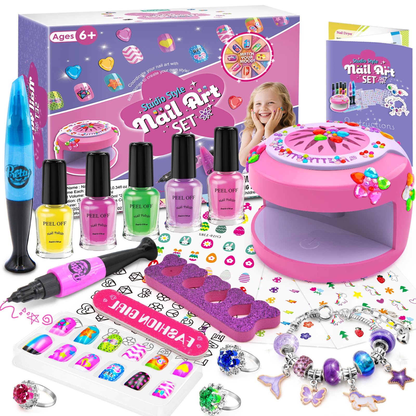 BATTOP Kids Nail Polish Set for Girls - Kids Nail Art Kit with Dryer & Fake Nail & Sticker & Water Based Nail Polish & Nail Art Pen - Idea Gifts for Girls Ages 6 7 8 9 10 11 12