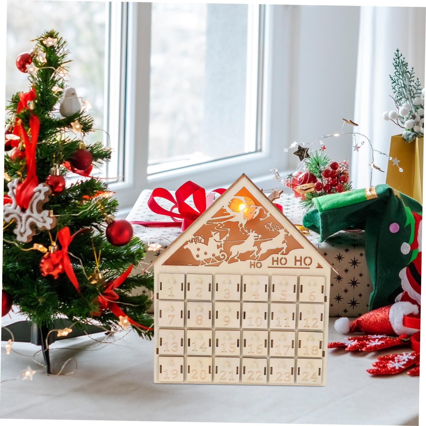 ULTECHNOVO Calendario de Adviento de Madera con Luz LED Rellenables Decoración Navideña Rústica para Mesa Calendario Reutilizable para Familia y Dulces de Navidad