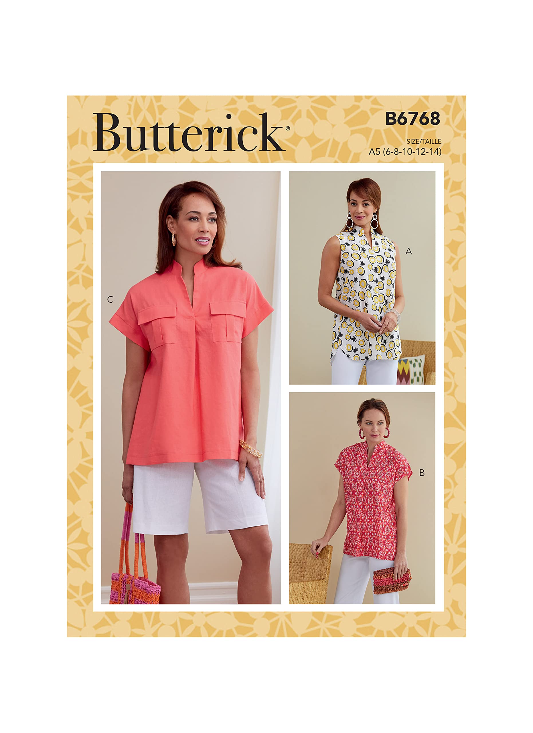 Butterick B6768A5 Misses' TOP, White, A5(6-8-10-12-14)