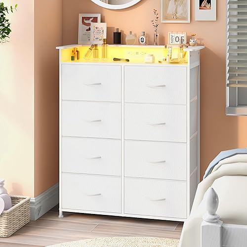 Miniatura 10 de Cómoda rosa para dormitorio con estación de carga, cómodas con luces LED, cómoda alta con 8 cajones, torre de almacenamiento para armario, sala de