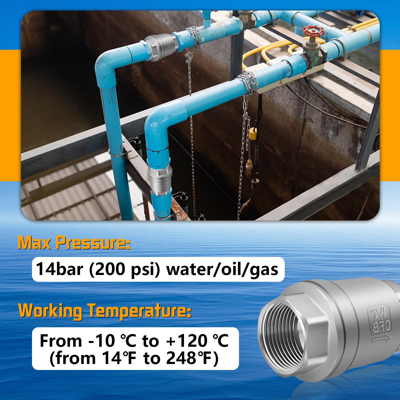 Boltigen Válvula de retención de resorte de 1-1/4 pulgadas, válvula de retención horizontal de acero inoxidable 304 CF8 sin retorno unidireccional, válvula de retención de agua vertical en línea para