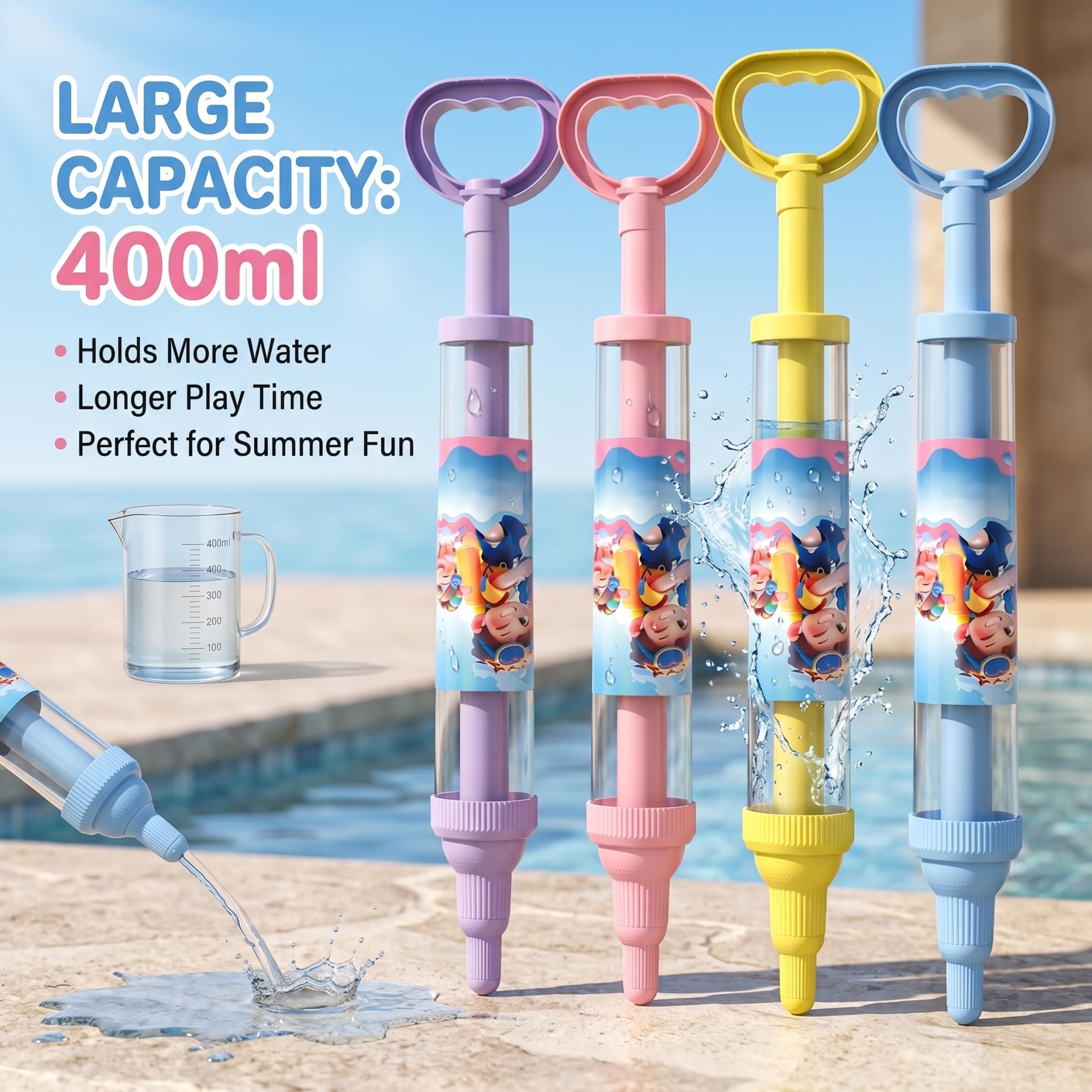 Set di 4 pistole ad acqua a forma di fuochi d'artificio per bambini con getto rotante a 3 strati capacità di 400 ml design cartone animato giocattolo per esterni spiaggia piscina e giardino