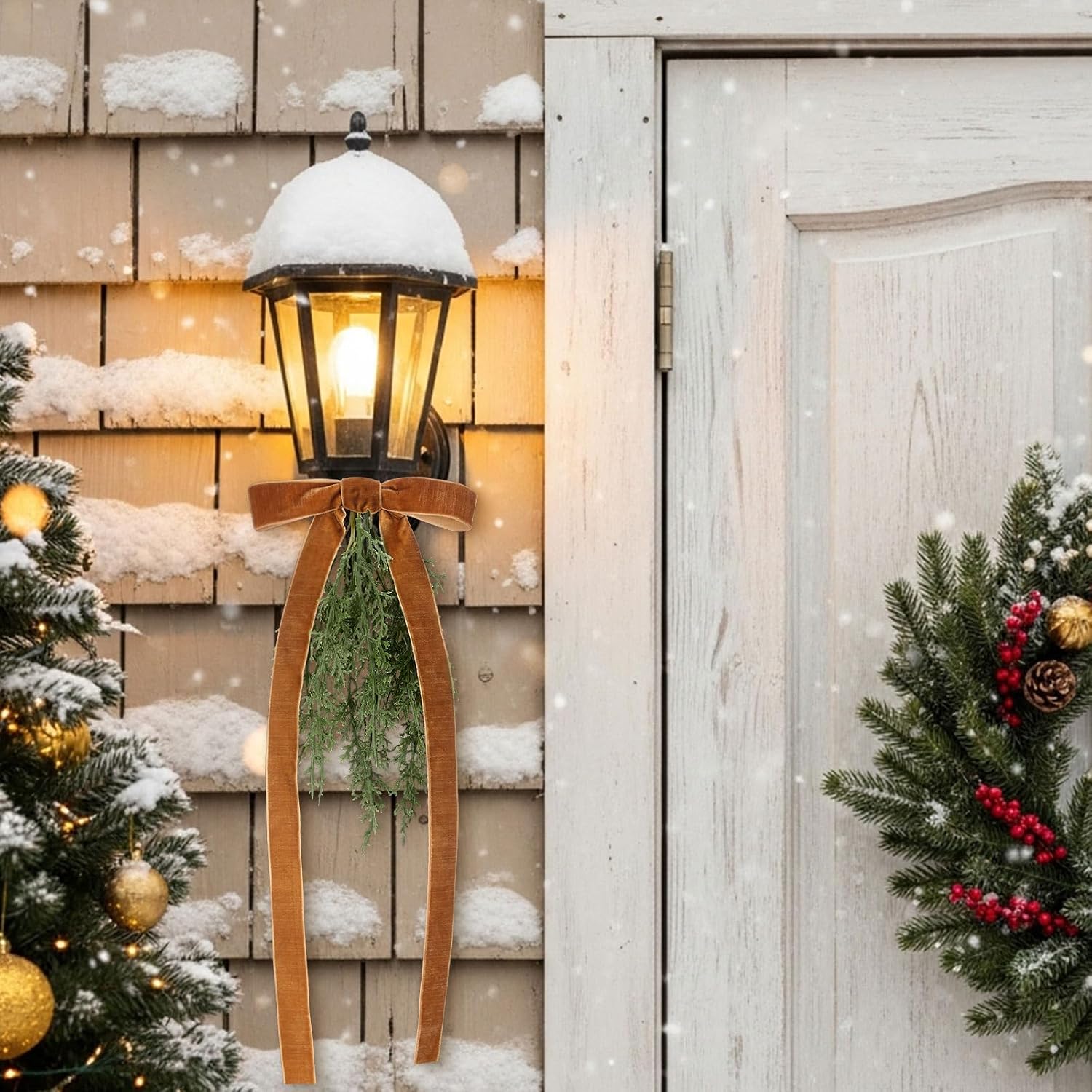 Suncalla 6 Pcs Artificial Christmas Teardrop Swag with Brown Velvet Bow 16" Vintage Faux Pine Needles Light Swag Festive Sconce Lighting Decor for The Holidays