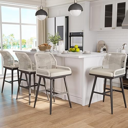 Bar Stools Set of 4, Rattan Counter Height Bar Stools, 26" H Swivel Patio Bar Stools with Boho Woven Rope Back for Kitchen Patio Garden Cushions Included, Beige