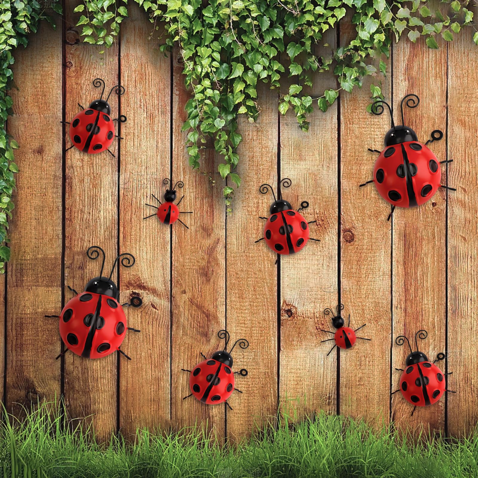 RETON 8 piezas de decoración de jardín de mariquita de metal, adornos de jardín al aire libre, lindas mariquitas arte de pared escultura 3D decoración de patio, escultura de insectos de hierro para