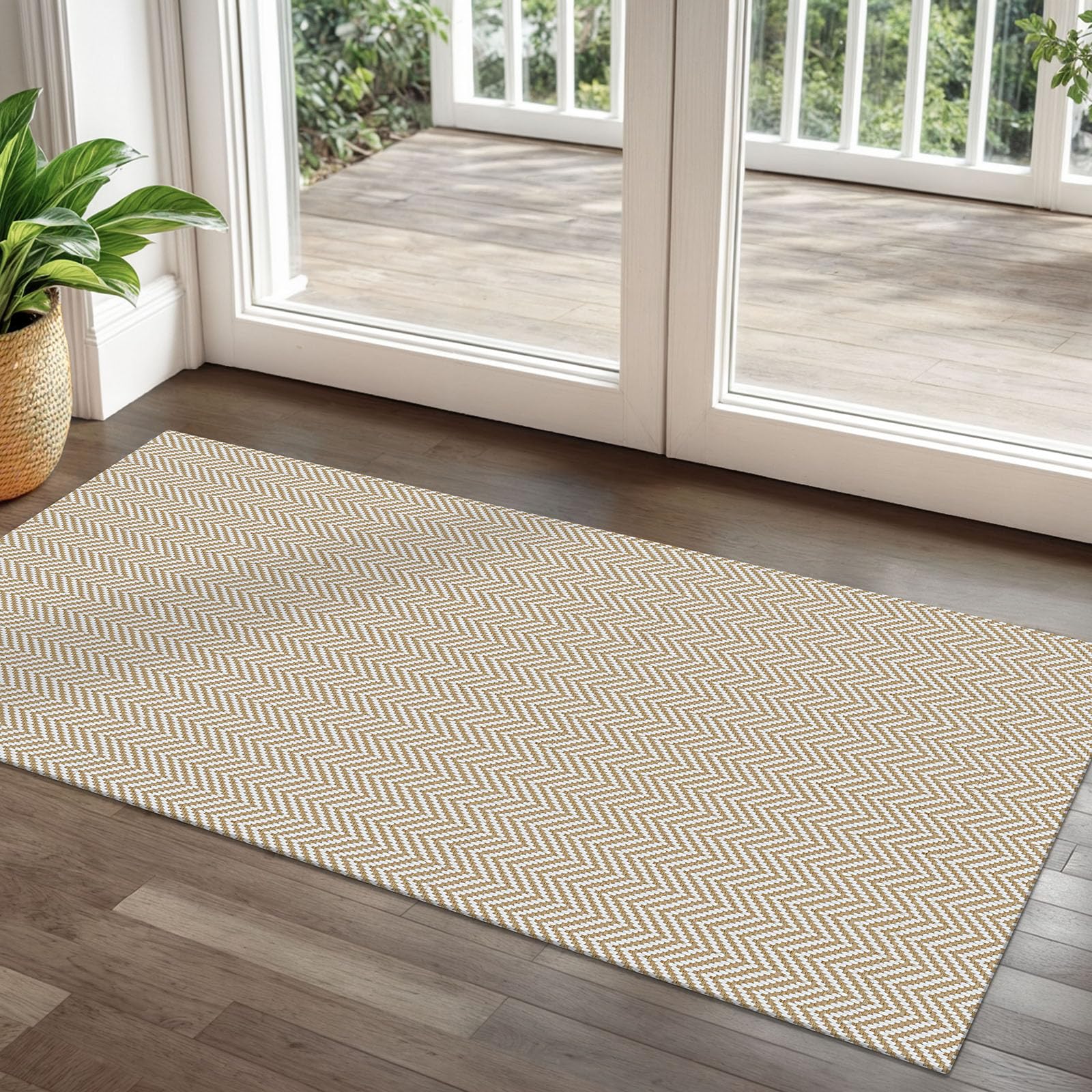 Alfombra trenzada de 2 x 5 pies, lavable, para pasillos, cocina, con respaldo de goma, de algodón, para entrada, interior, alfombra tejida para pasillo, cocina, dormitorio, beige/blanco