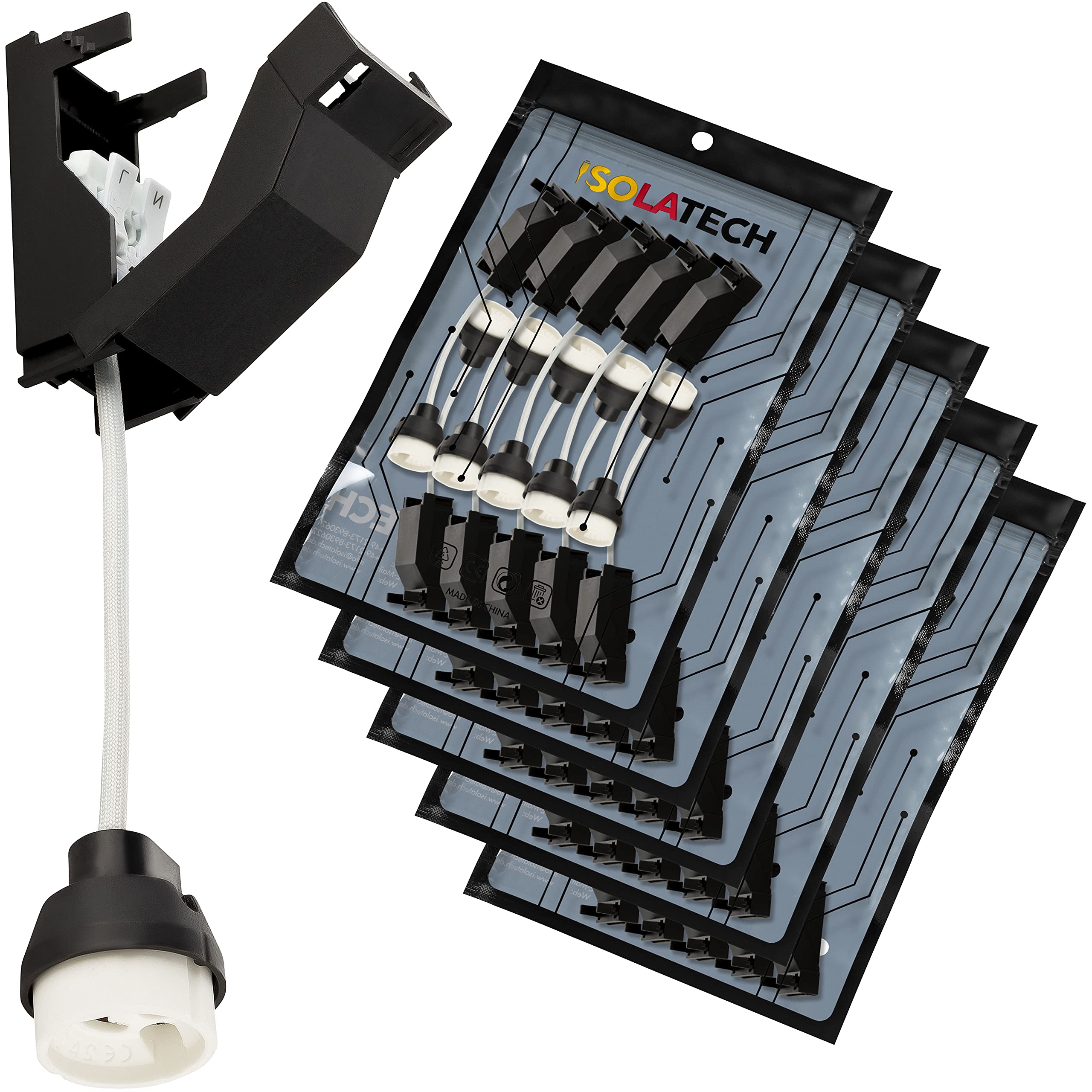ISOLATECH 50x GU10 Brandschutz Keramikfassung mit Anschlusskasten | Für LED- und Halogenlampen, VDE- und RoHS, mit Schnellverbinder, 0,75mm² Anschlusskabel, bis 100W