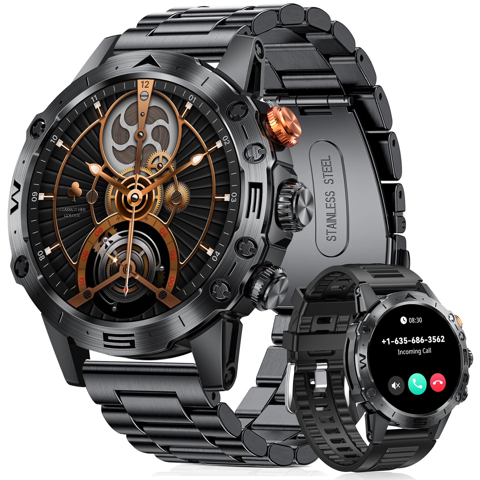 2026 Reloj Inteligente Hombre Militar, 1.53'' IPS Smartwatch Hombre con Llamadas Bluetooth, Larga Duración, Impermeable IP68, Pulsera Actividad 120+ Modos Deportivos, SpO2, Sueño, Android iOS, Negro