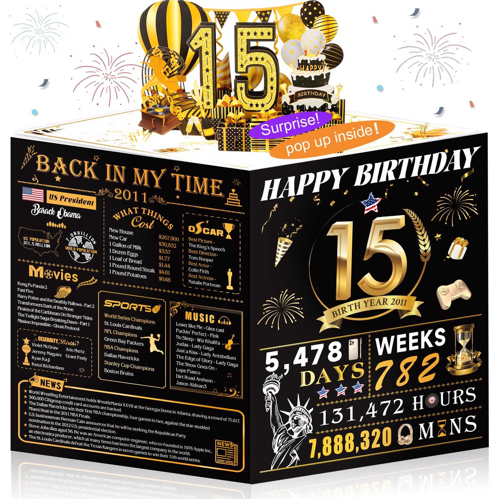 15th Birthday Card for Girl Boy Son Daughter, Big Pop Up 15th Birthday Cards for Grandson Granddaughter, Back In 2011 Funny 15 Year Old Birthday Decorations