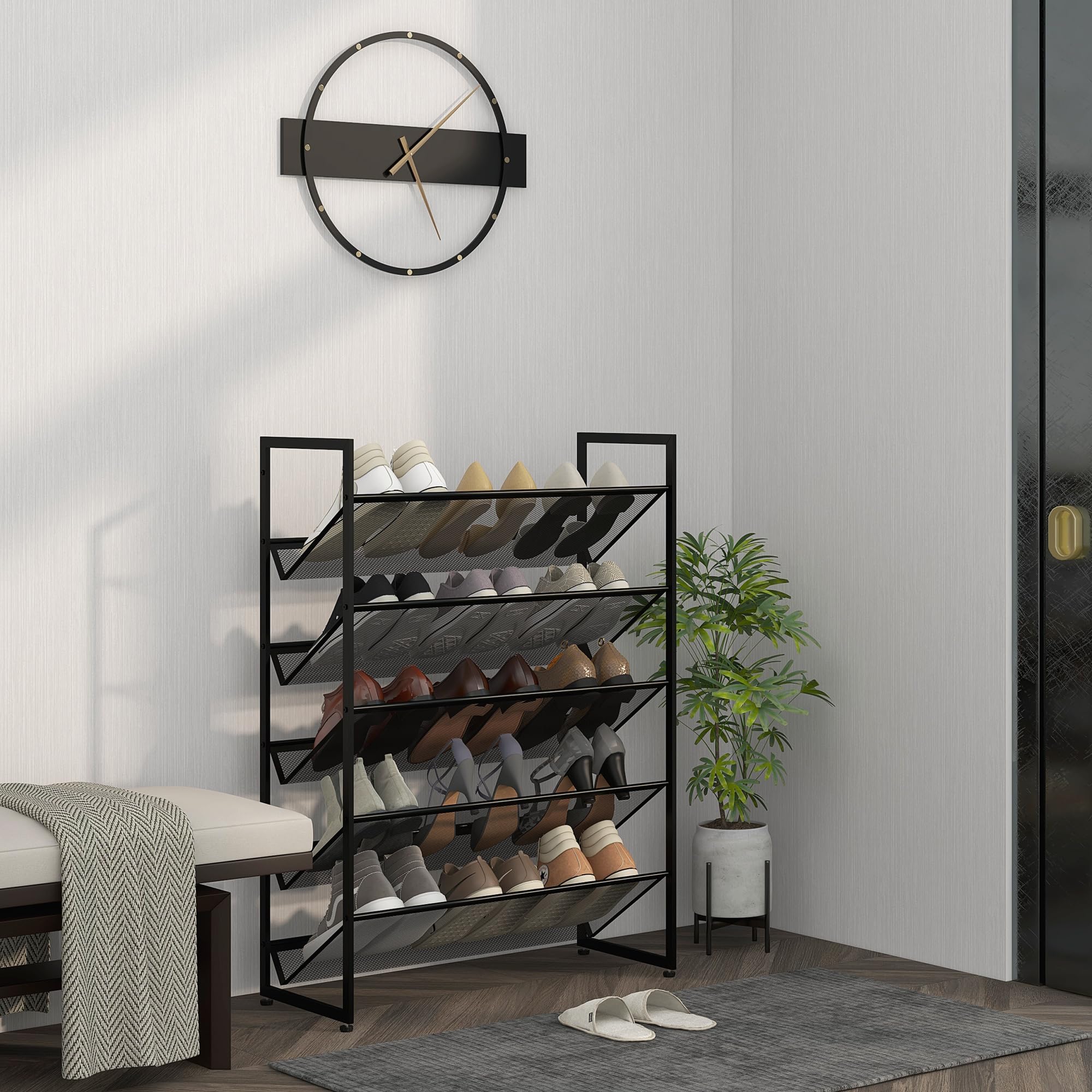 kleines Schuhregal Schuhablage Schuhständer hoch schmal, 5 Regale, 72 cm x 30 cm x 102 cm, Schwarz