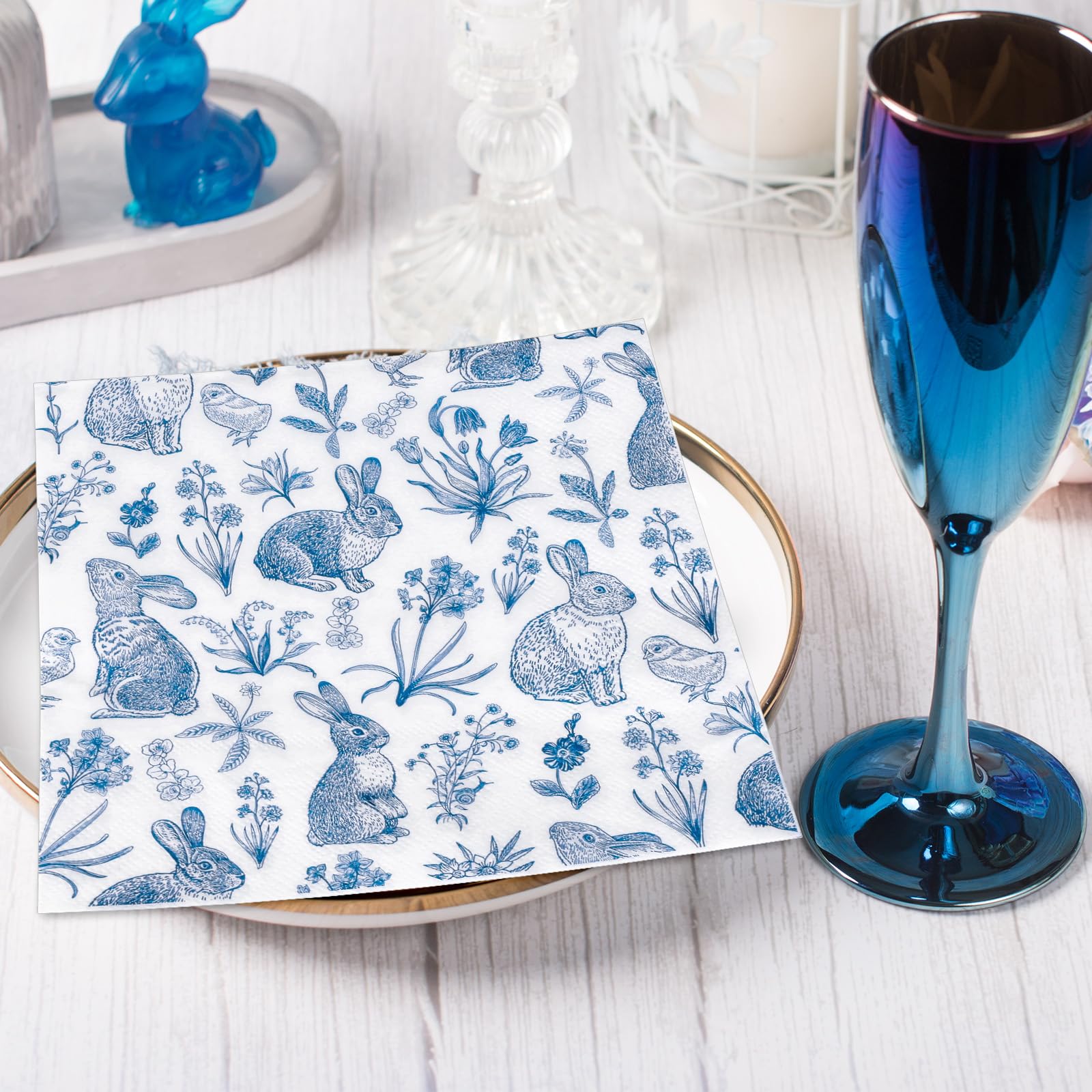 Whaline Papierservietten – Retro-Hasen-Design, Blau-weiß, 50 Stück, Für Ostern & Feste