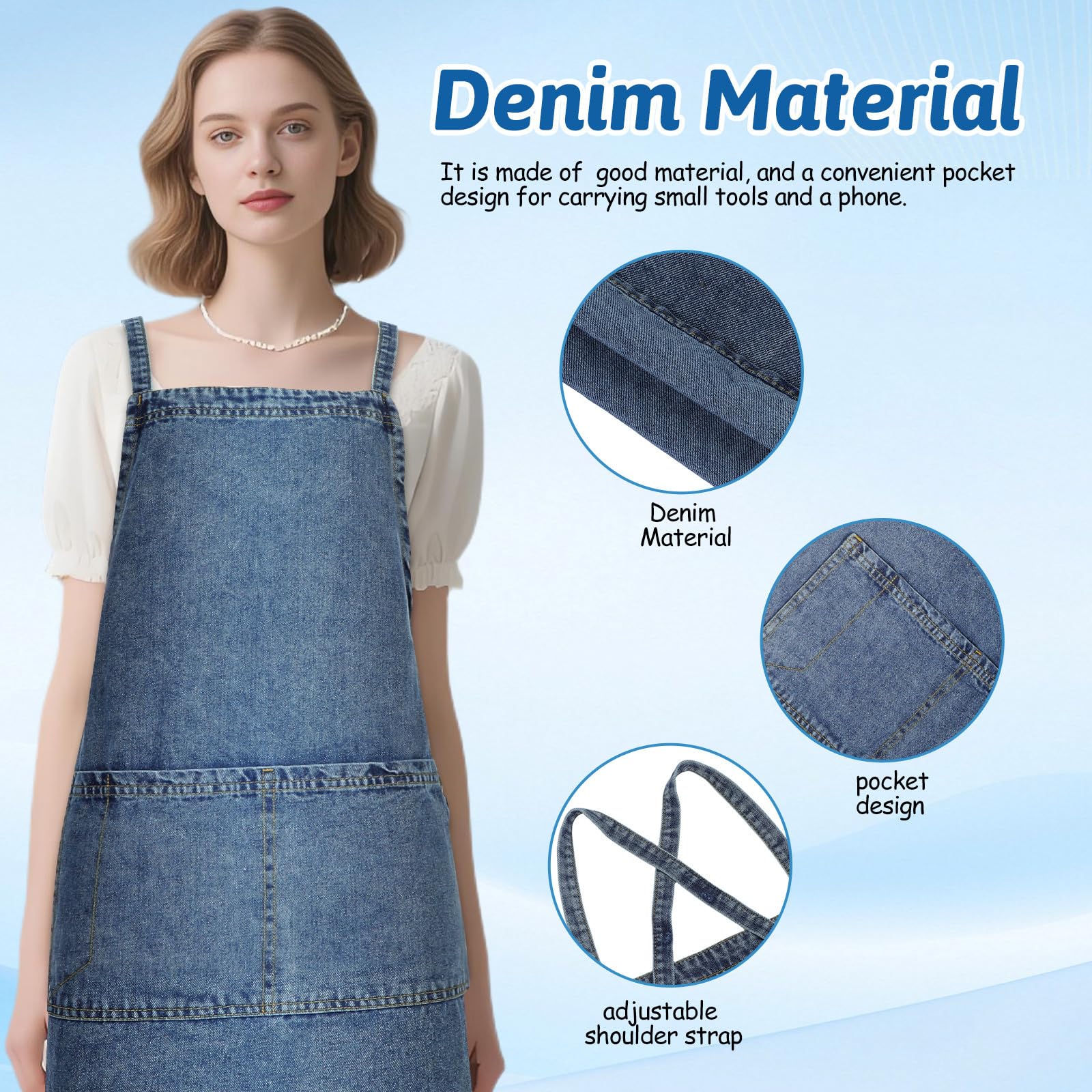Delantal de Mezclilla Grueso Unisex Bolsillos, Tamaño Único, Reutilizable para Cocina, Barbacoa y Jardinería, Diseño Cruzado Espalda para Trabajo y Camping