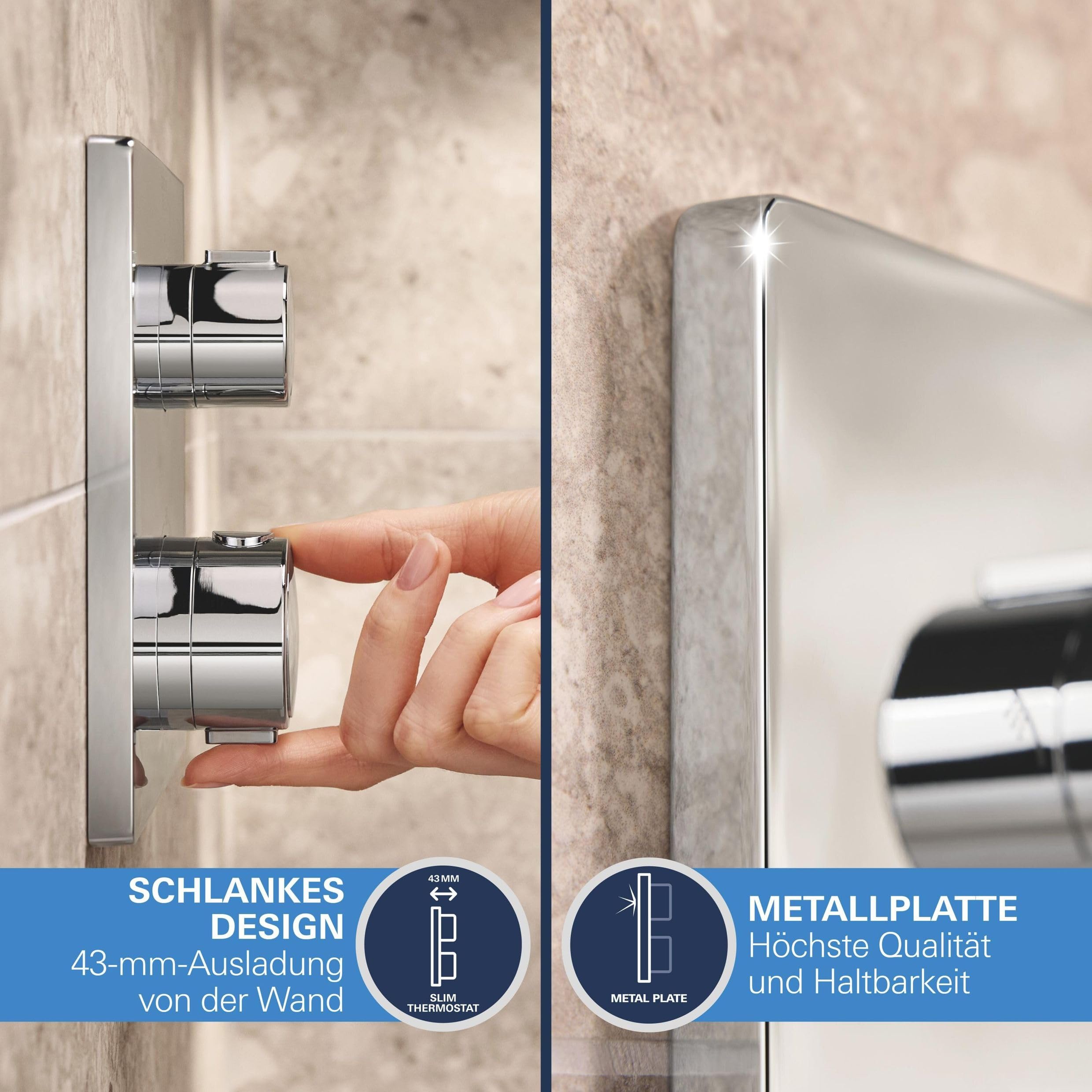 GROHE Precision 250, Unterputz Duschsystem (25cm Regendusche mit Thermostat, Kopfbrause 1 Strahlart, Duschkopf 2 Strahlarten, Komplettset, 1,50m Duschschlauch), eckig, chrom, 34882000